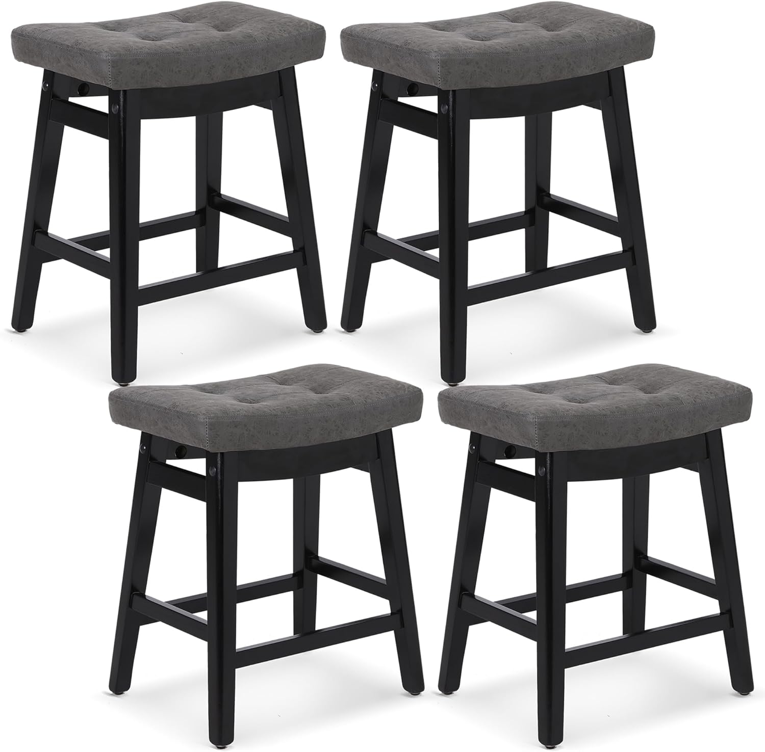 Counter Height Bar Stools Set of 3 for Kitchen Counter Farmhouse Modern Barstools with Upholstered Fabric Backless Seat and Solid Wood Legs 24 inch Bar Chairs, Khaki + Wood Color