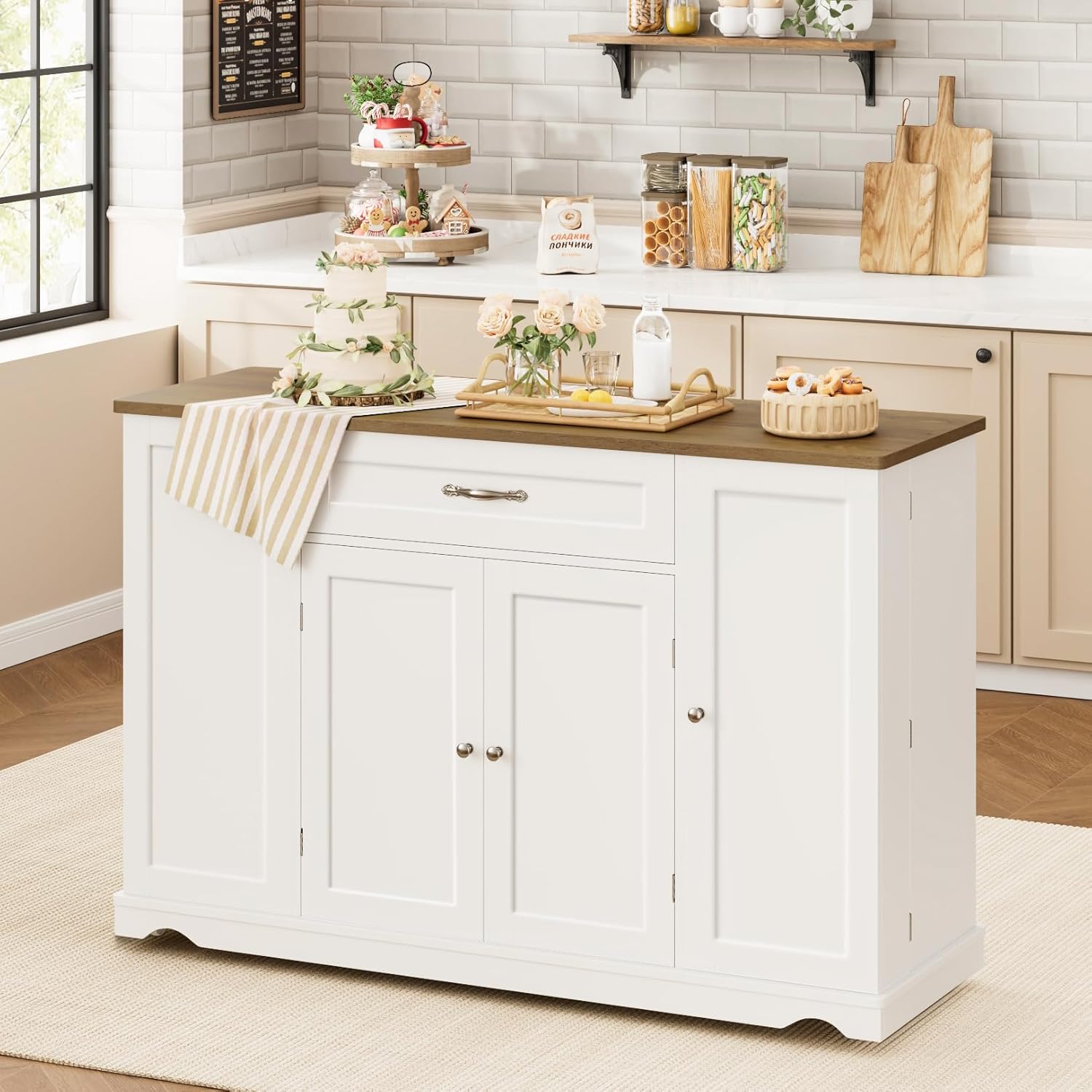 HOSTACK Kitchen Island Cart with Storage, 47'' Kitchen Storage Island on Wheels with 2 Drawers, Rolling Island Table with Adjustable Shelves, Mobile Buffet Sideboard Cabinet for Dining Room, White