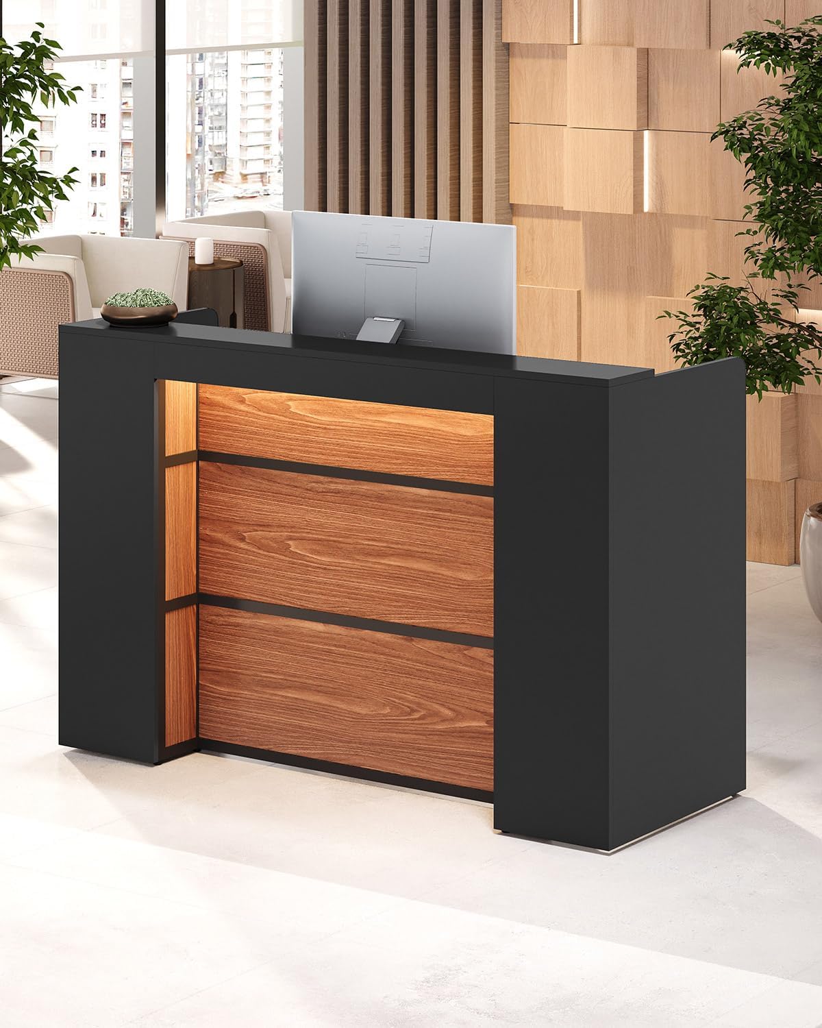 LITTLE TREE 63 Inches Reception Desk, Modern Reception Table with LED Light, Front Counter Desk, Wooden Checkout Counter for Lobbies, Salons, Retail, Home Offices, Reception Room, Black & Brown