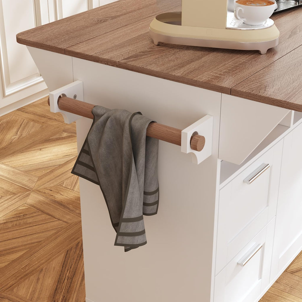 AIEGLE Rolling Kitchen Island with Expandable Countetop, 2-Door Large Kitchen Islands with Drawer, Open Cubby & Tower Rack, 70.9" W Wood Grain Island Table with Adjustable Shelf, White & Oak