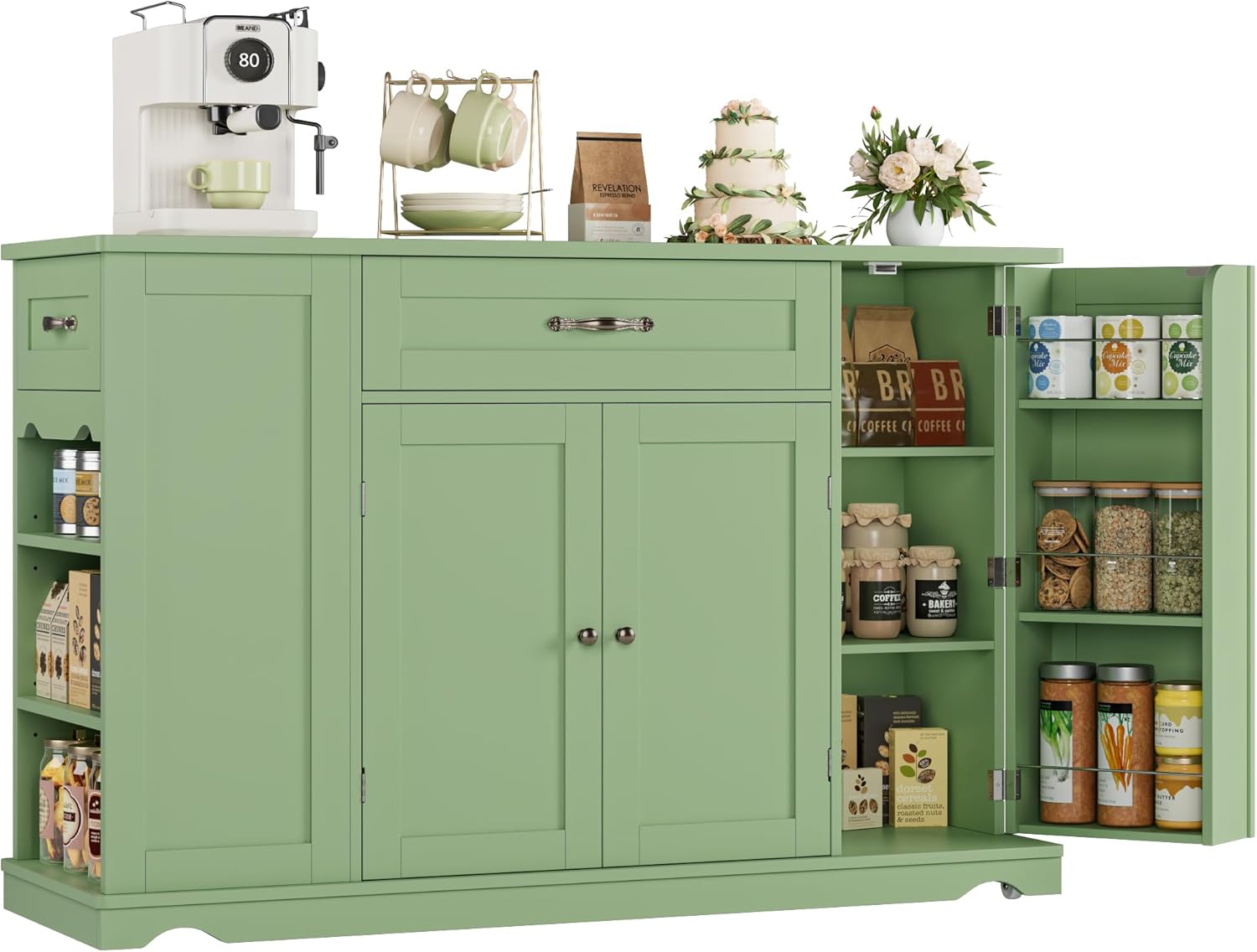 HOSTACK Kitchen Island Cart with Storage, 47'' Kitchen Storage Island on Wheels with 2 Drawers, Rolling Island Table with Adjustable Shelves, Mobile Buffet Sideboard Cabinet for Dining Room, White