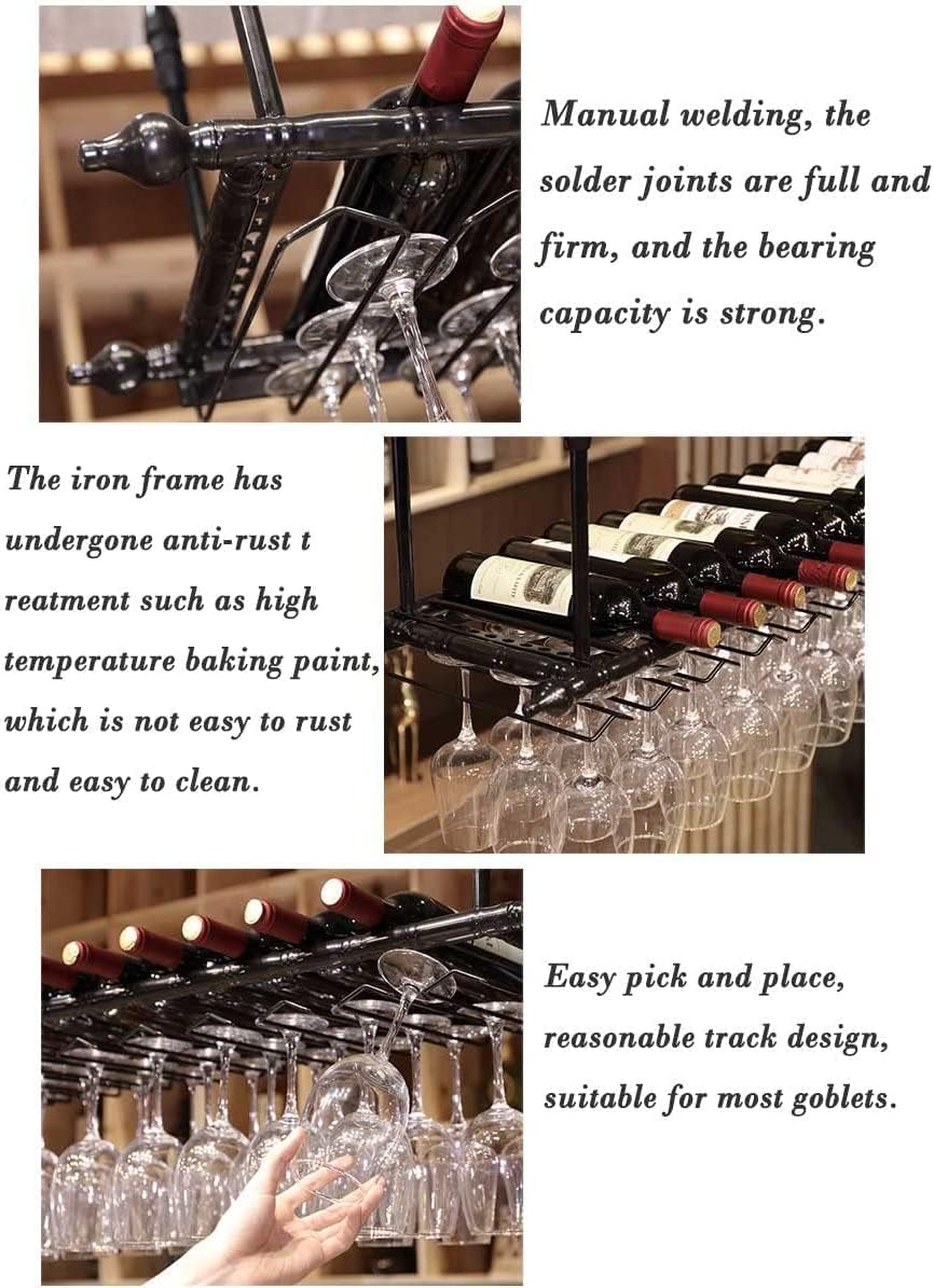Hanging Wine Rack with Glass Holder and Shelf,Adjustable Metal Ceiling Bar Wine Glass Rack,2 in 1Industrial Wall Mounted Wine and Glass Rack,47.3” Bottle Holder Wine Shelf