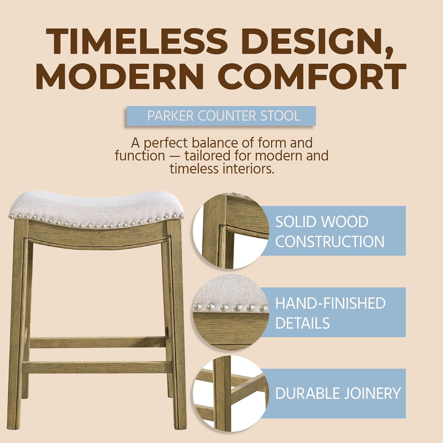 ROME + OAK Parker 26 Inch Counter Stool, Backless Saddle Kitchen Barstool in Natural Wood Finish with Wheat Cream Fabric Upholstery Cushion Seat