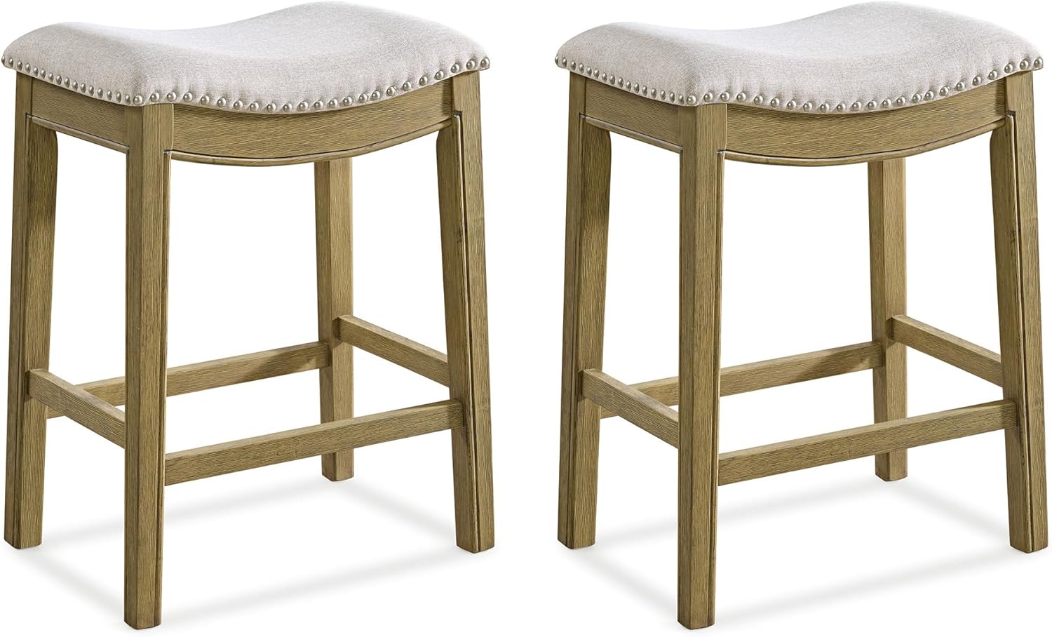 ROME + OAK Parker 26 Inch Counter Stool, Backless Saddle Kitchen Barstool in Natural Wood Finish with Wheat Cream Fabric Upholstery Cushion Seat
