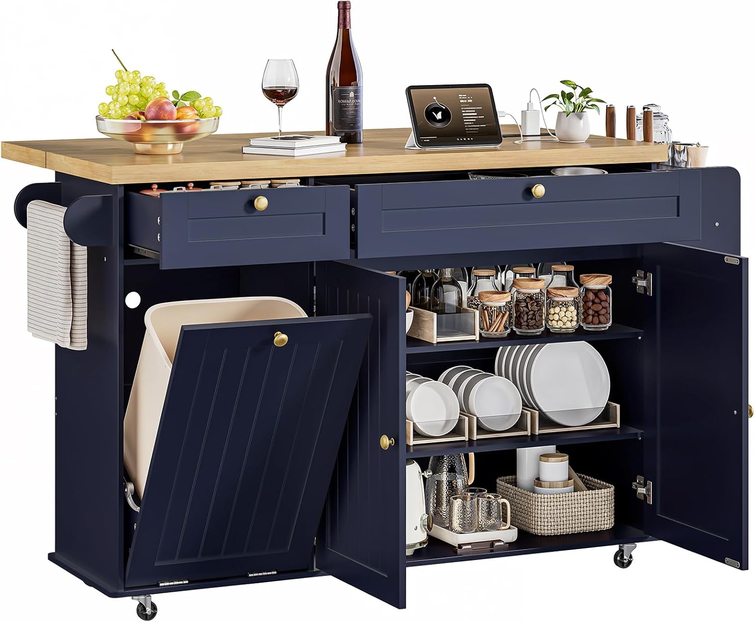 60" Kitchen Island with Power Outlet & Drop Leaf, Kitchen Rolling Island with Spice Rack & Towel Rack, Knife Holder, Kitchen Island Cart with Trash Storage Cabinet, Mobile Island Table for Kitchen