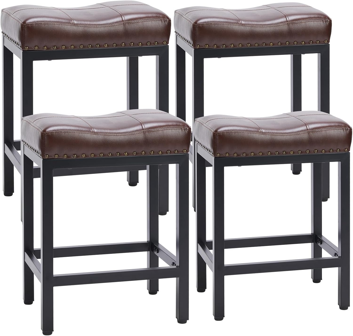Sweetcrispy Bar Stools Set of 2, 24 Inch Counter Height Stools, PU Leather Upholstered Bar Chairs with Footrest, Modern Bar Stools for Kitchen Island, Dining, Living Room, Brown