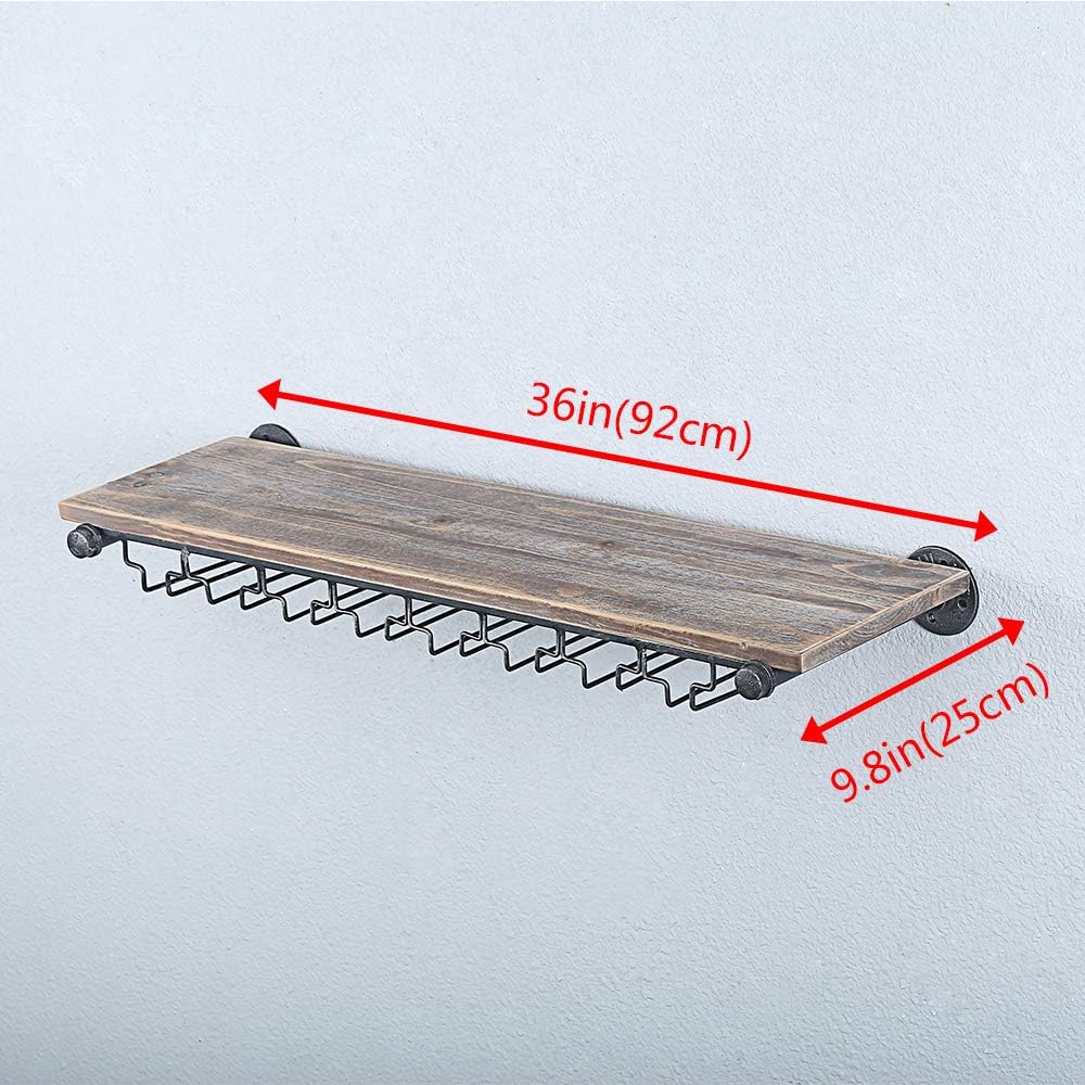 Industrial Wine Rack Wall Mounted with 5 Glass Holder,Wine Glass Rack Floating Wine Glass Shelf,36in Pipe Shelving Hanging Wood Shelves