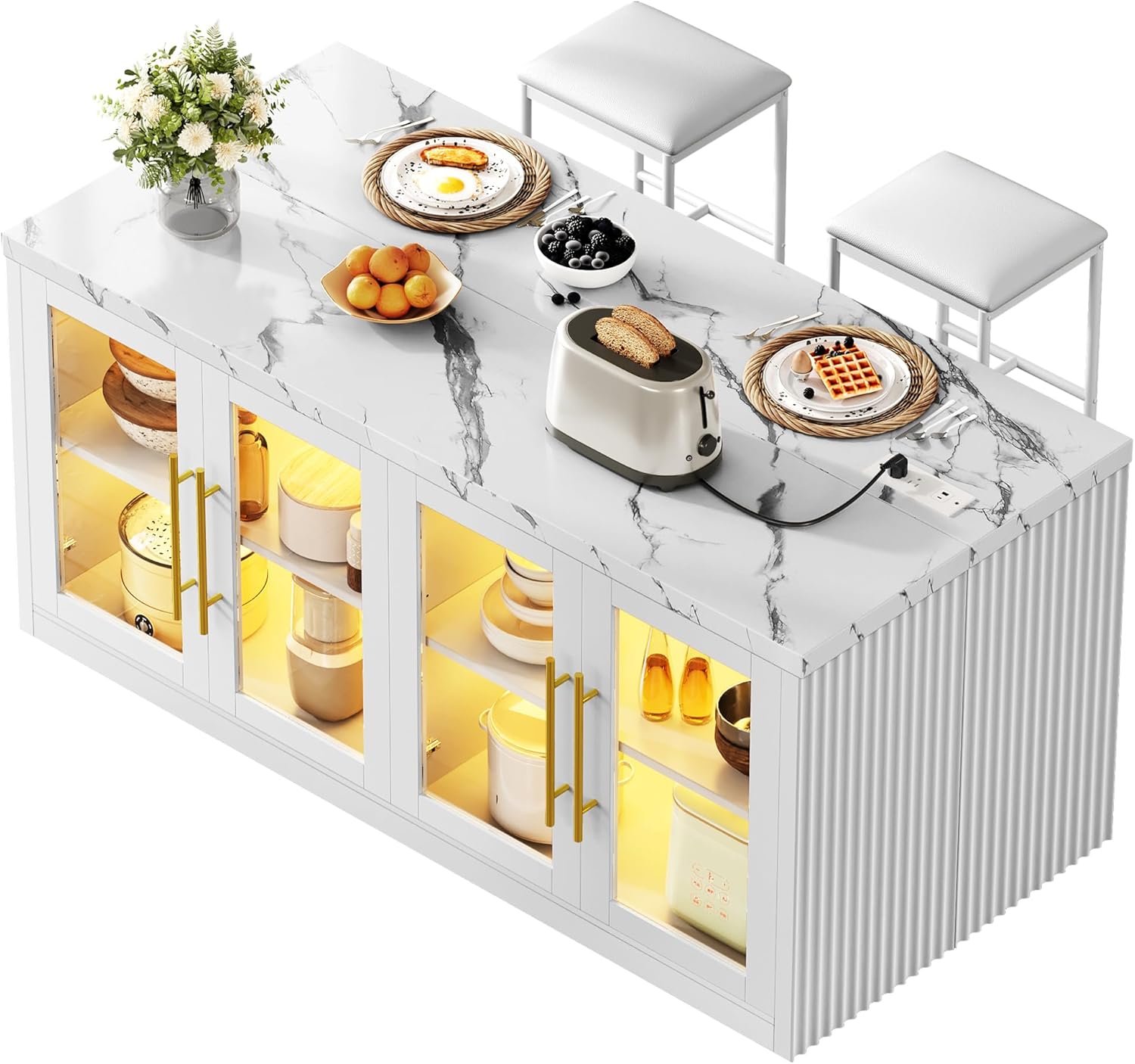 Kitchen Island with Storage, 57" W Large Island Table with Seating/LED Light for Dining Room, Kitchen Carts on Wheels Breakfast Bar Table w/Power Outlet, White