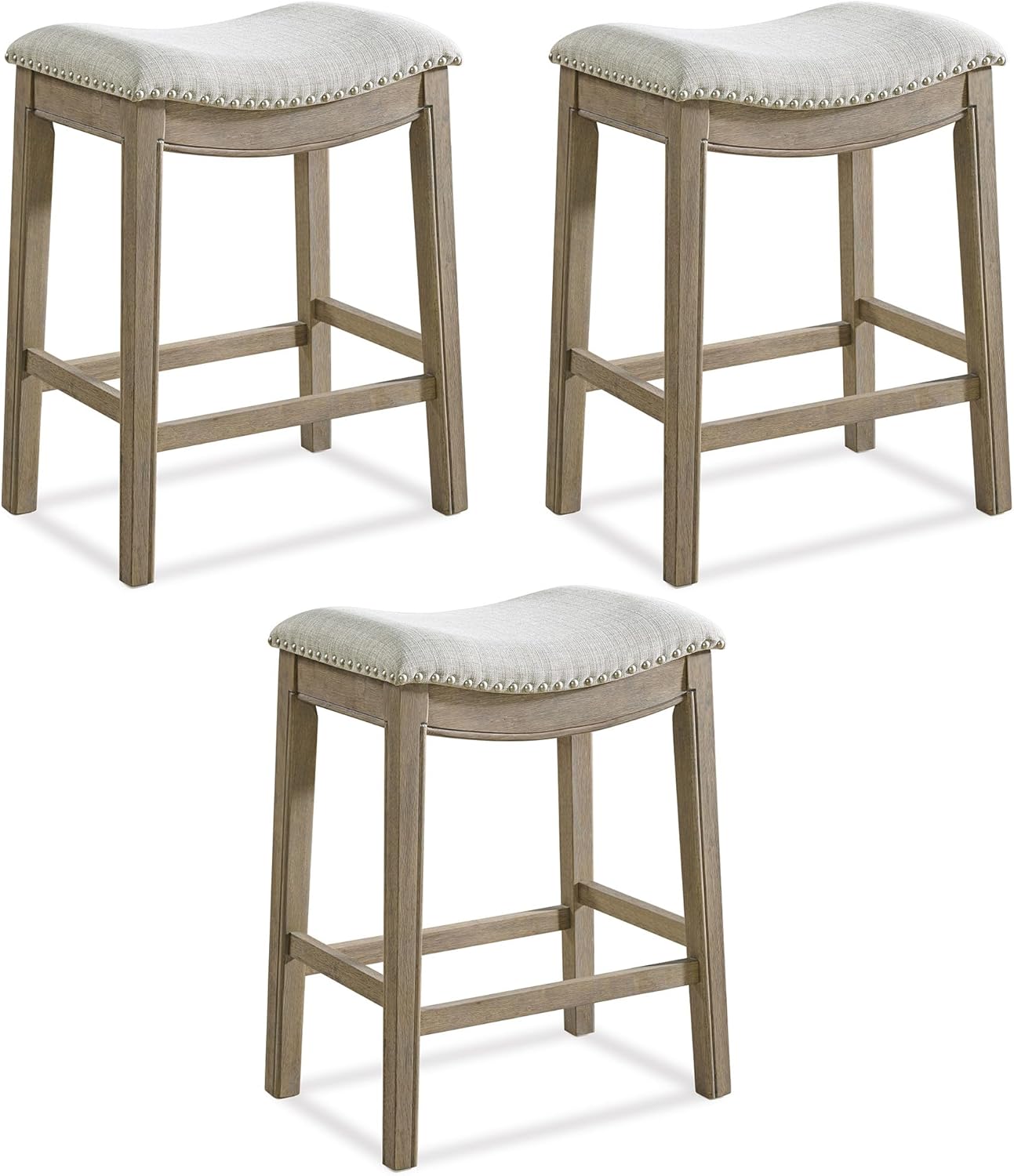 ROME + OAK Parker 26 Inch Counter Stool, Backless Saddle Kitchen Barstool in Natural Wood Finish with Wheat Cream Fabric Upholstery Cushion Seat