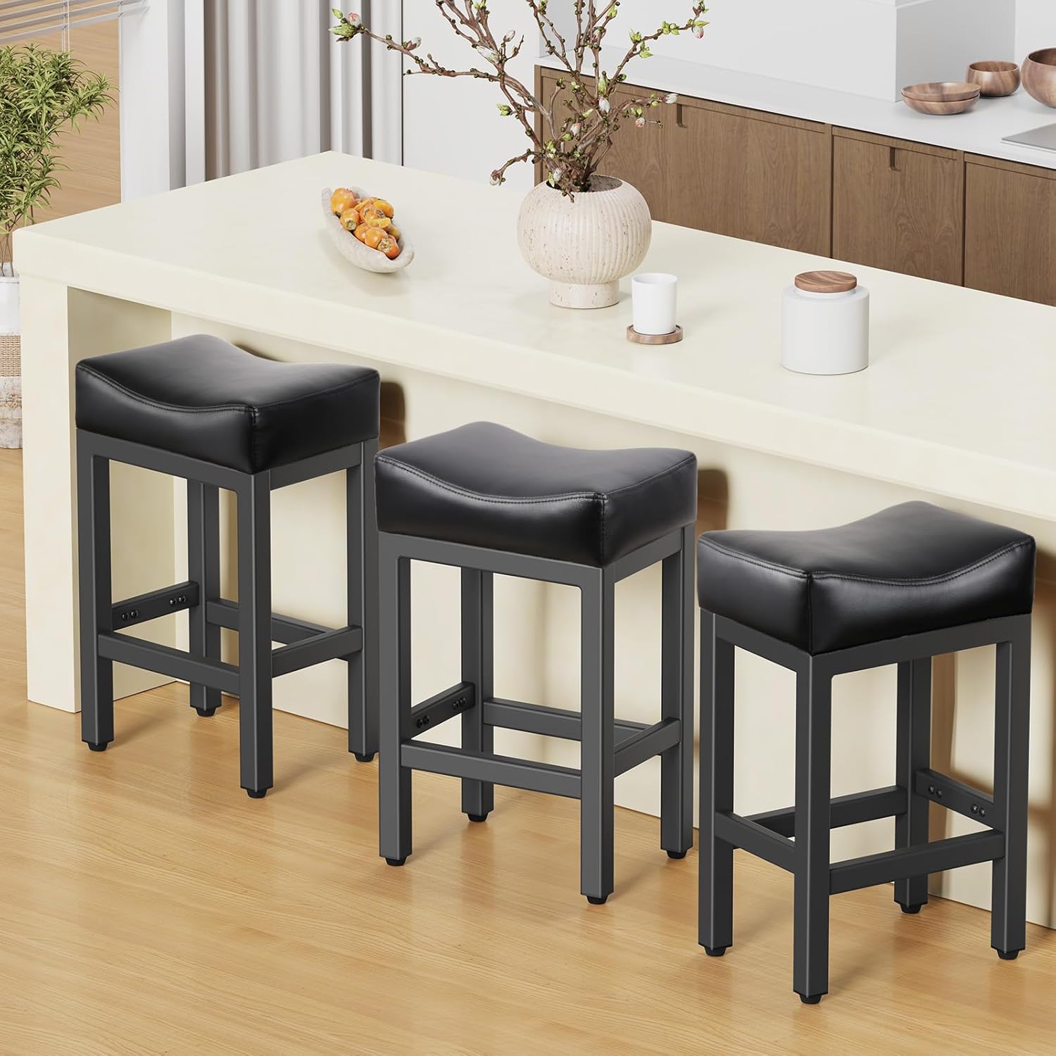 Counter Height Bar Stools Set of 2, 24 Inch Barstools for Kitchen Island Counter, Bonded Leather Kitchen Stools with Thick Saddle Seats & Heavy Duty Metal Base, Easy Assembly, All Black
