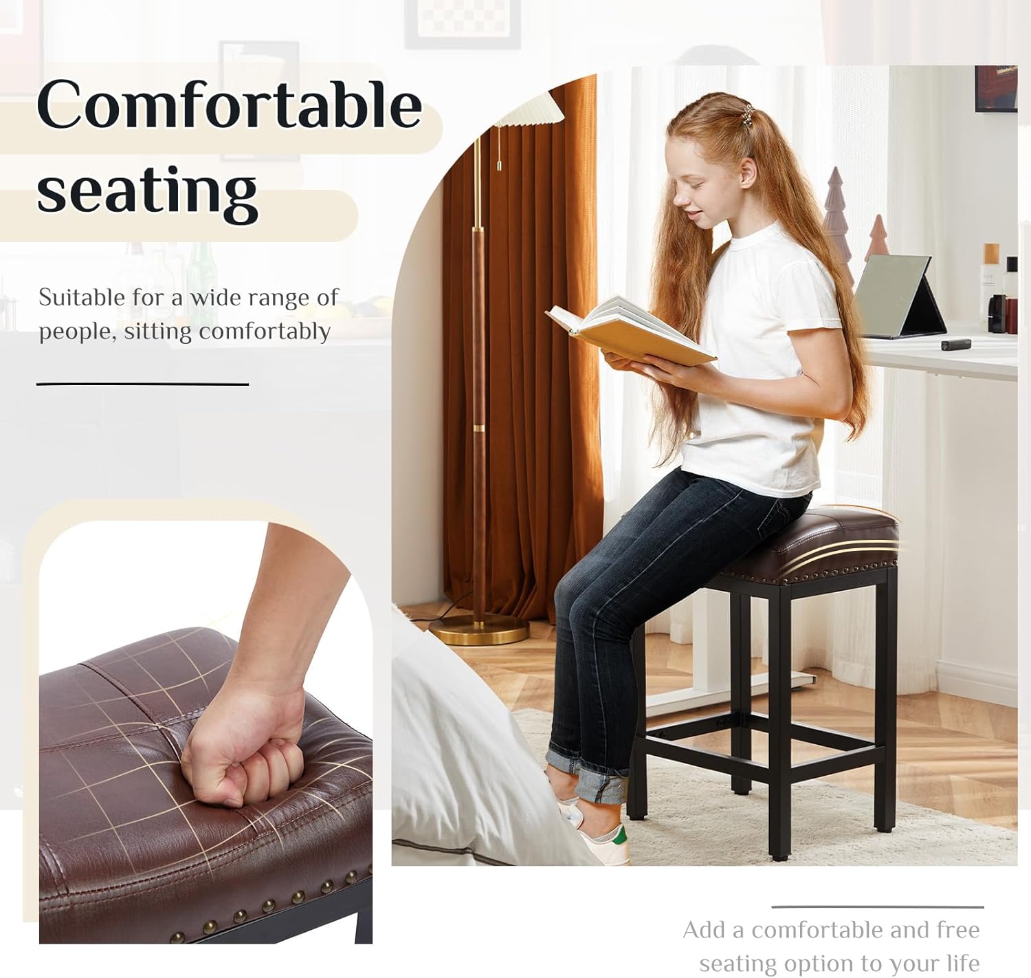 Sweetcrispy Bar Stools Set of 2, 24 Inch Counter Height Stools, PU Leather Upholstered Bar Chairs with Footrest, Modern Bar Stools for Kitchen Island, Dining, Living Room, Brown