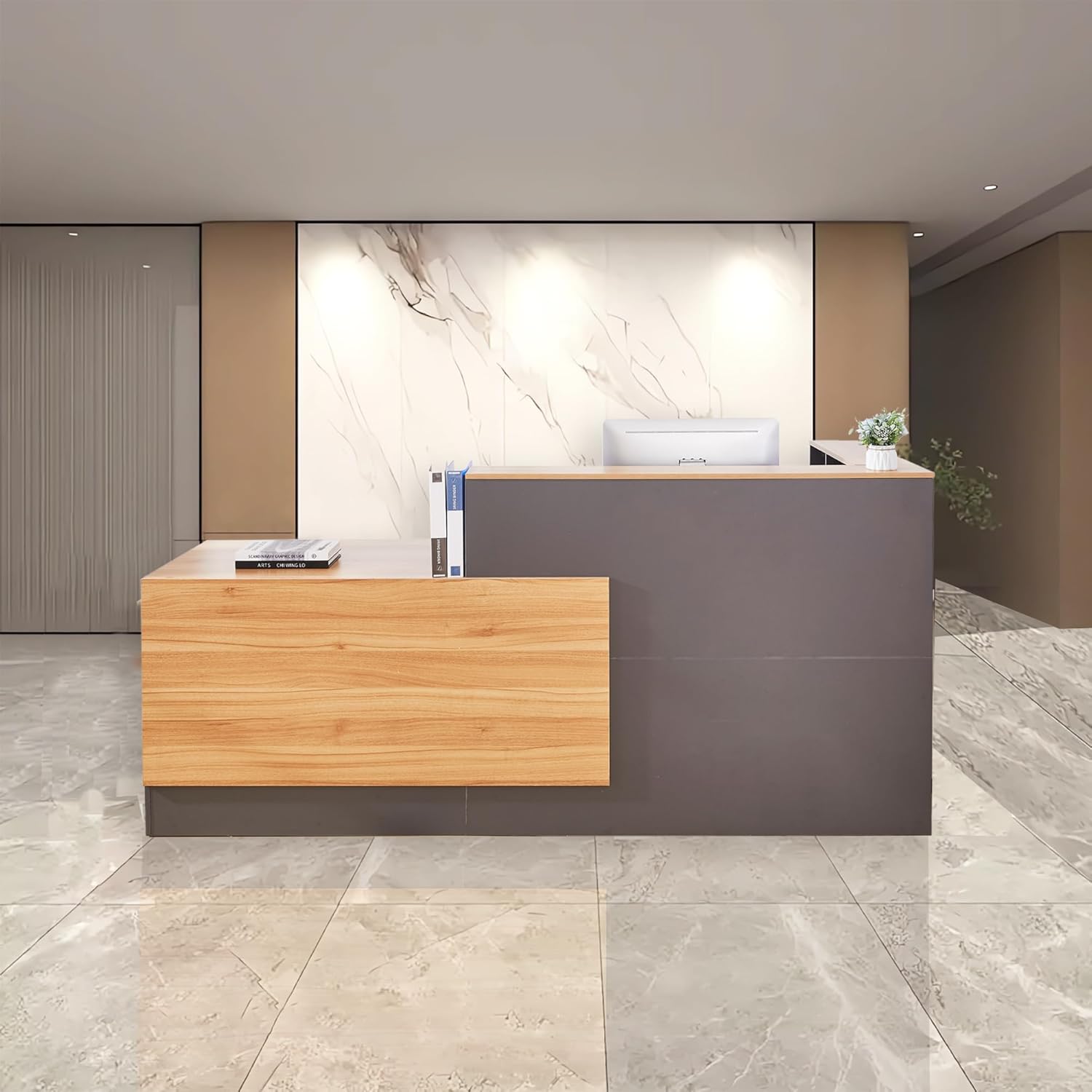 L Shaped Reception Desk with Lockable Drawers and Adjustable Filling Cabinet,Modern Front Desk Reception Counter with Keyboard Tray and Storage Cabinet for Checkout,Lobby,Beauty Salon