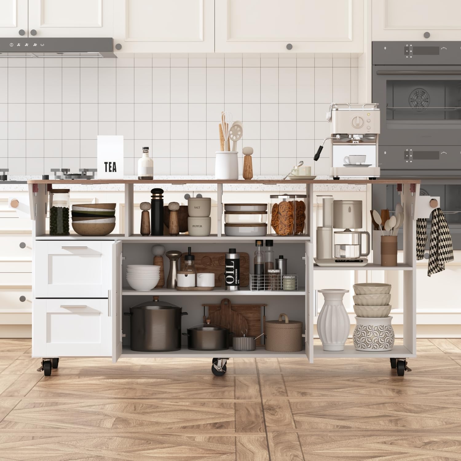 AIEGLE Rolling Kitchen Island with Expandable Countetop, 2-Door Large Kitchen Islands with Drawer, Open Cubby & Tower Rack, 70.9" W Wood Grain Island Table with Adjustable Shelf, White & Oak