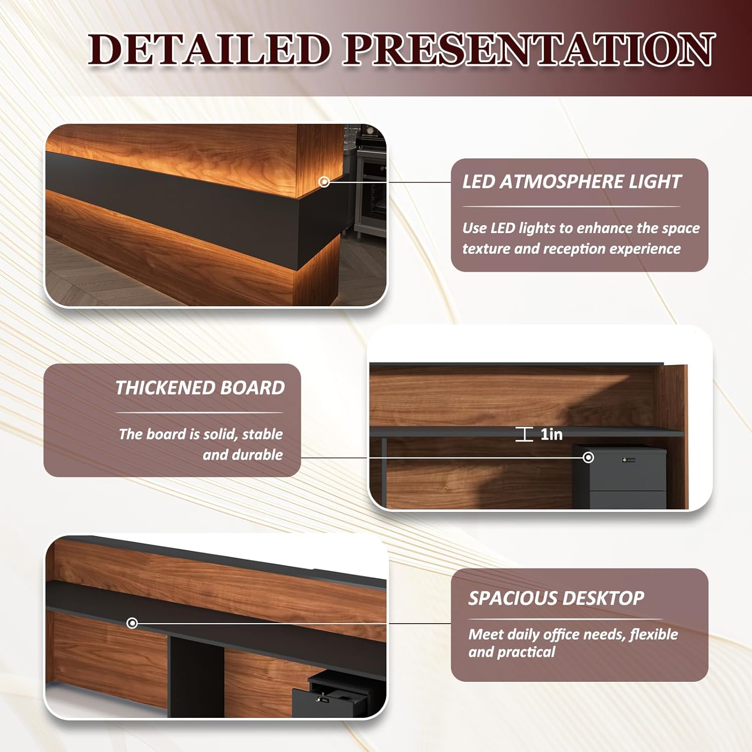 78" Modern Reception Desk with LED Lights & Mobile File Cabinet – Black Brown Office Front Desk Reception Counter with Drawers & Lock (Black & Brown, 78 * 24 * 43IN)