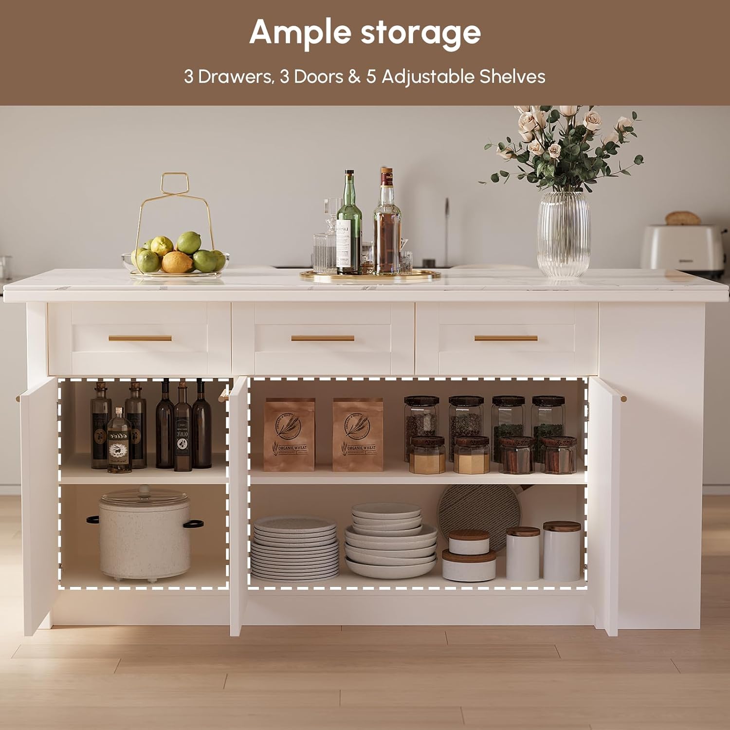 homary 71" White Kitchen Island with Storage Large Kitchen Cabinet with Drawers & Sintered Stone Top Island Table for Dining Room