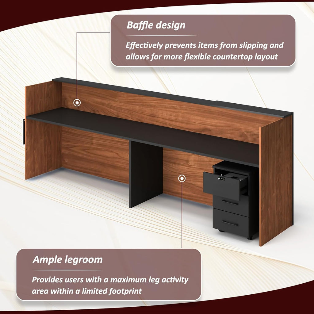 78" Modern Reception Desk with LED Lights & Mobile File Cabinet – Black Brown Office Front Desk Reception Counter with Drawers & Lock (Black & Brown, 78 * 24 * 43IN)