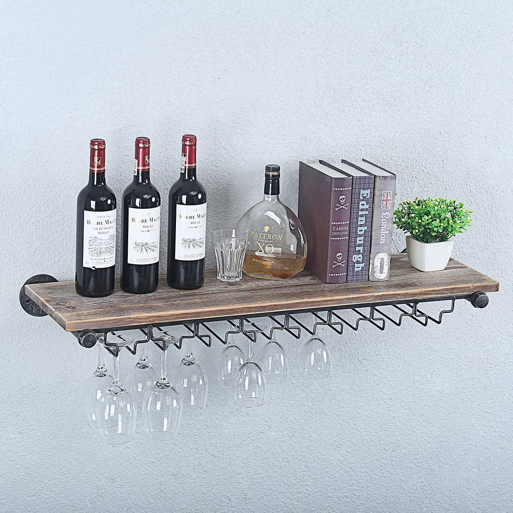 Industrial Wine Rack Wall Mounted with 5 Glass Holder,Wine Glass Rack Floating Wine Glass Shelf,36in Pipe Shelving Hanging Wood Shelves