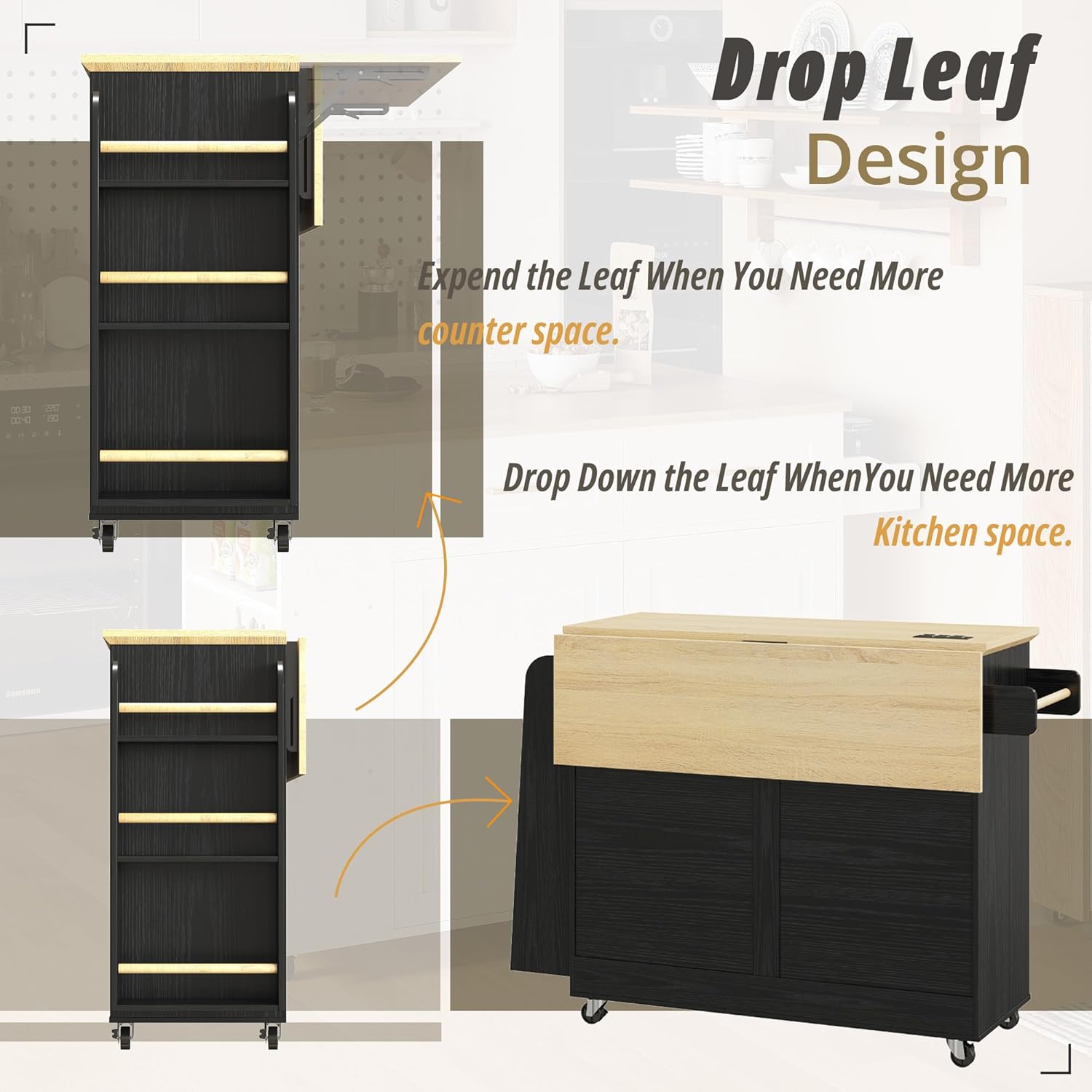 IRONCK Kitchen Island Cart with Storage, Rolling Kitchen Table with Power Outlet, Storage Cabinets on Wheels with Drop Leaf, Portable for Dining Room, Black