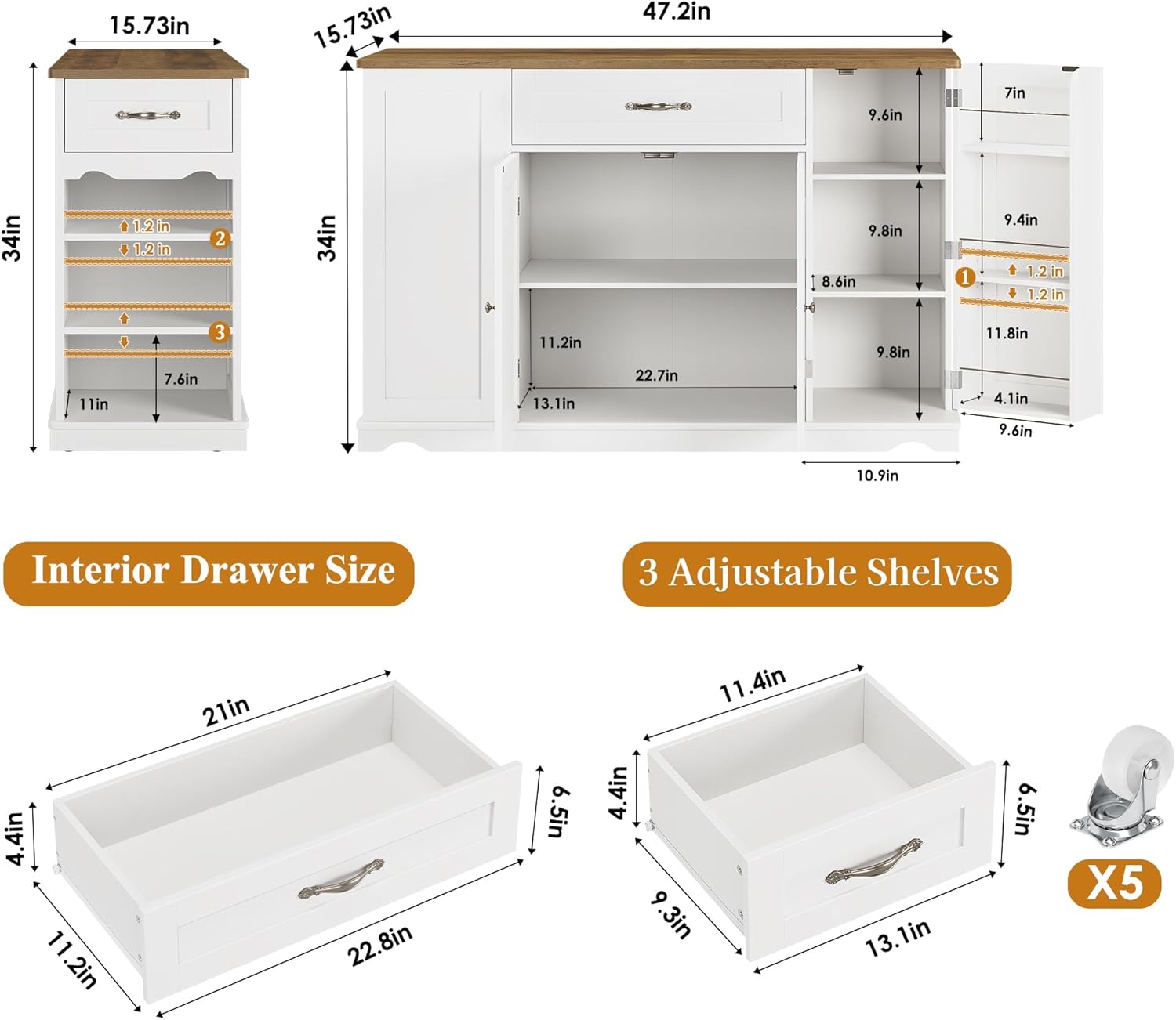 HOSTACK Kitchen Island Cart with Storage, 47'' Kitchen Storage Island on Wheels with 2 Drawers, Rolling Island Table with Adjustable Shelves, Mobile Buffet Sideboard Cabinet for Dining Room, White