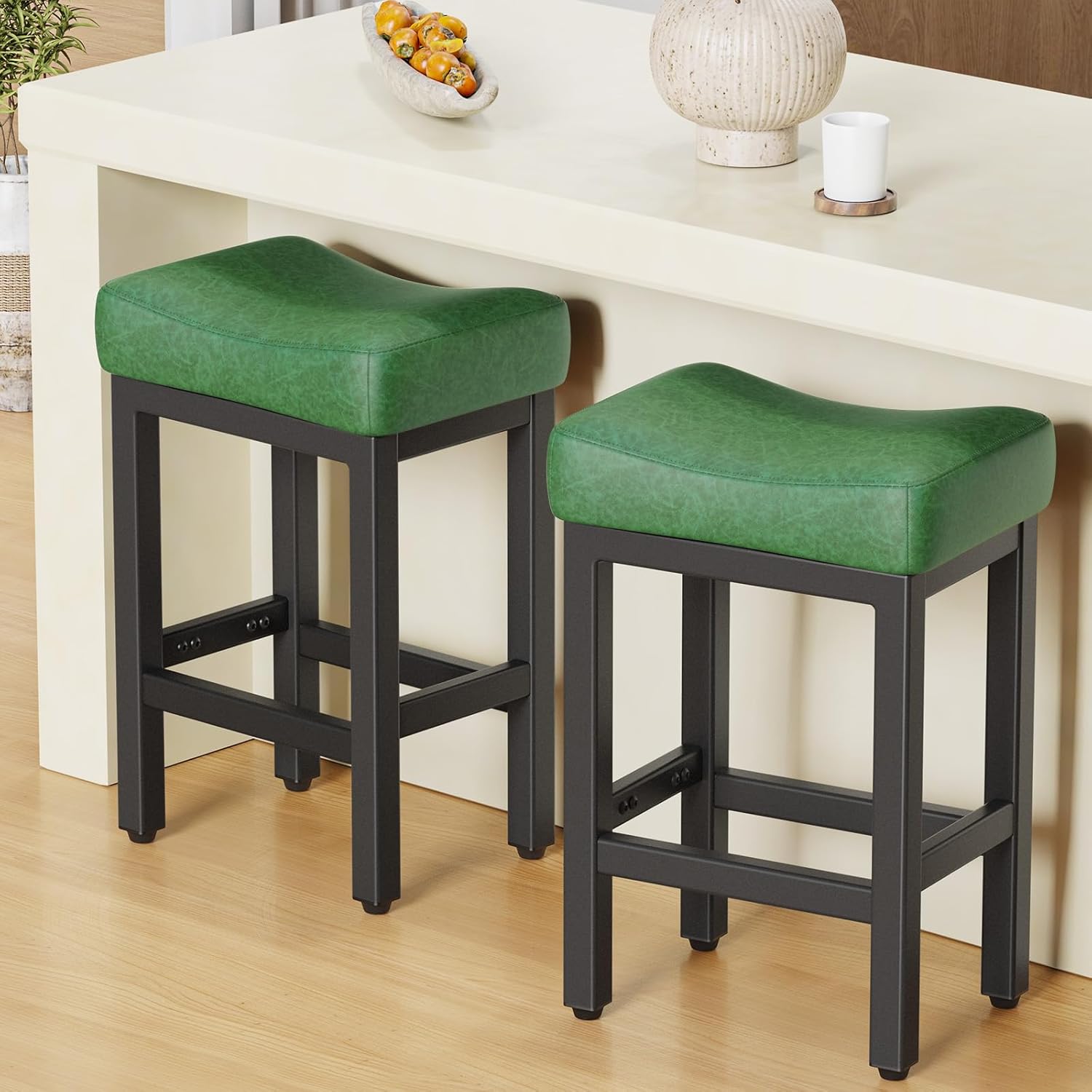Counter Height Bar Stools Set of 2, 24 Inch Barstools for Kitchen Island Counter, Bonded Leather Kitchen Stools with Thick Saddle Seats & Heavy Duty Metal Base, Easy Assembly, All Black