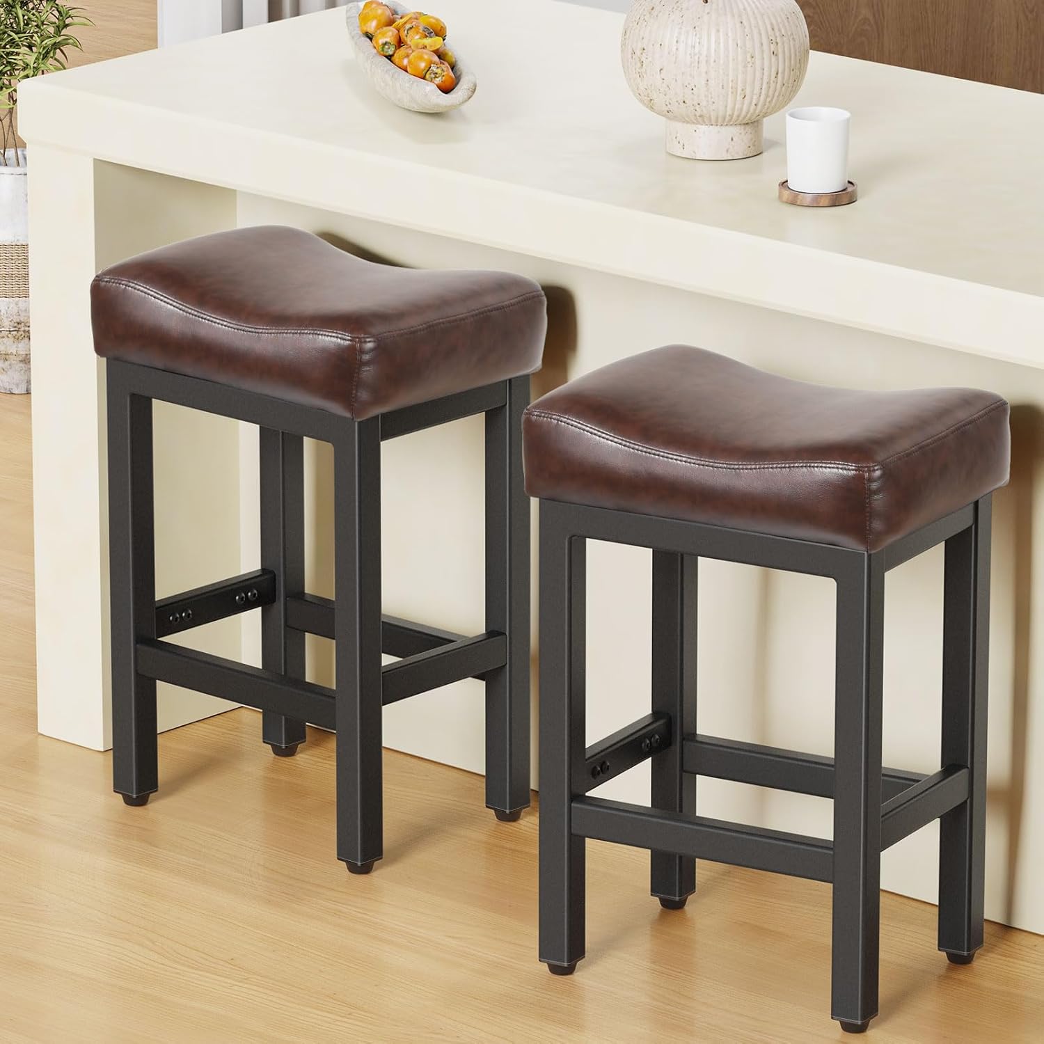 Counter Height Bar Stools Set of 2, 24 Inch Barstools for Kitchen Island Counter, Bonded Leather Kitchen Stools with Thick Saddle Seats & Heavy Duty Metal Base, Easy Assembly, All Black