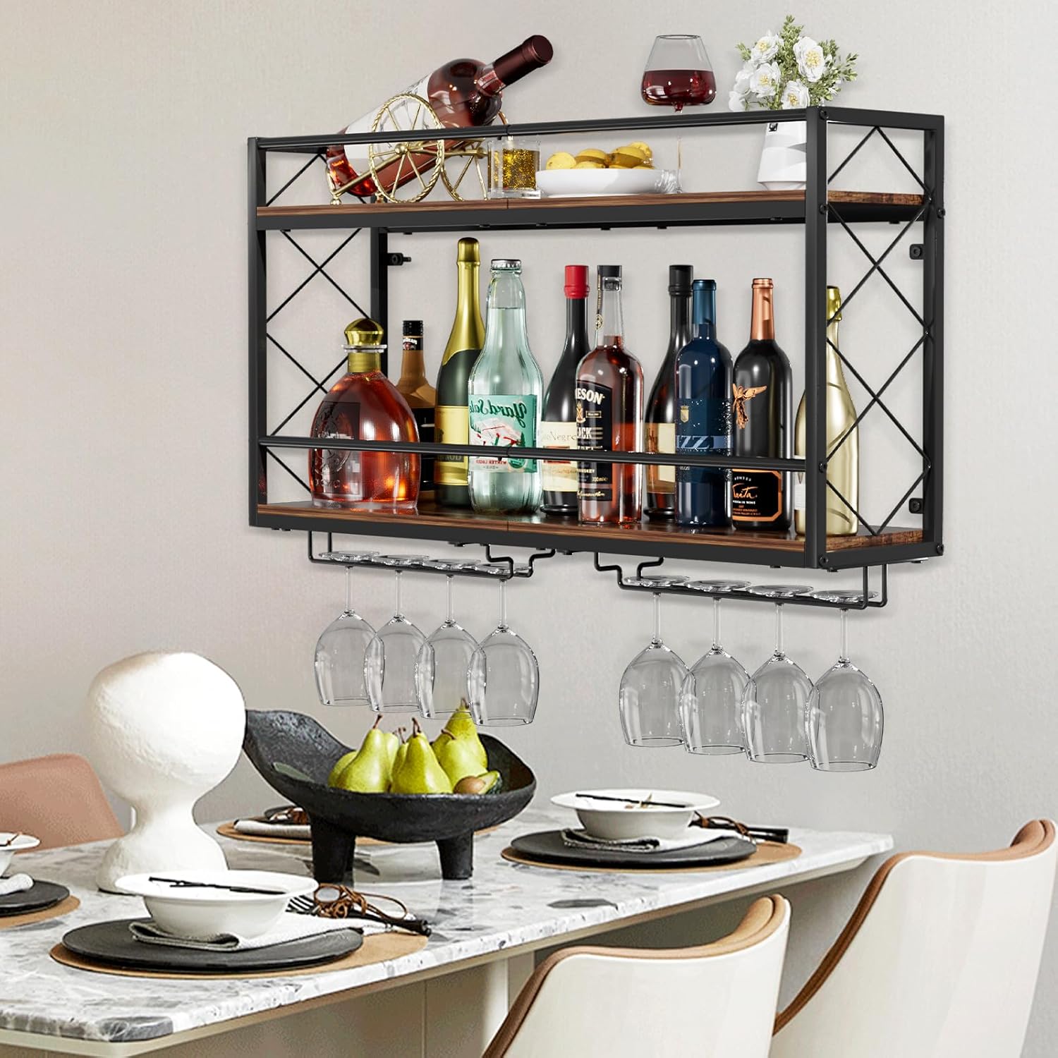 Wine Rack Wall Mounted 2 Tier Wall Wine Rack with Glass Holder, Double Layer Anti-Drop Crossbar, 31.5" Metal Wood Wall Mount Wine Holder for Home Kitchen Dining Room Coffee Shop Bar, Black