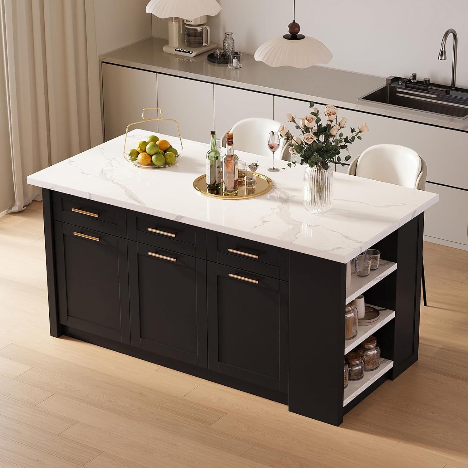 homary 71" White Kitchen Island with Storage Large Kitchen Cabinet with Drawers & Sintered Stone Top Island Table for Dining Room