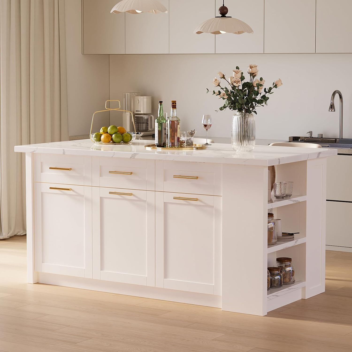 homary 71" White Kitchen Island with Storage Large Kitchen Cabinet with Drawers & Sintered Stone Top Island Table for Dining Room
