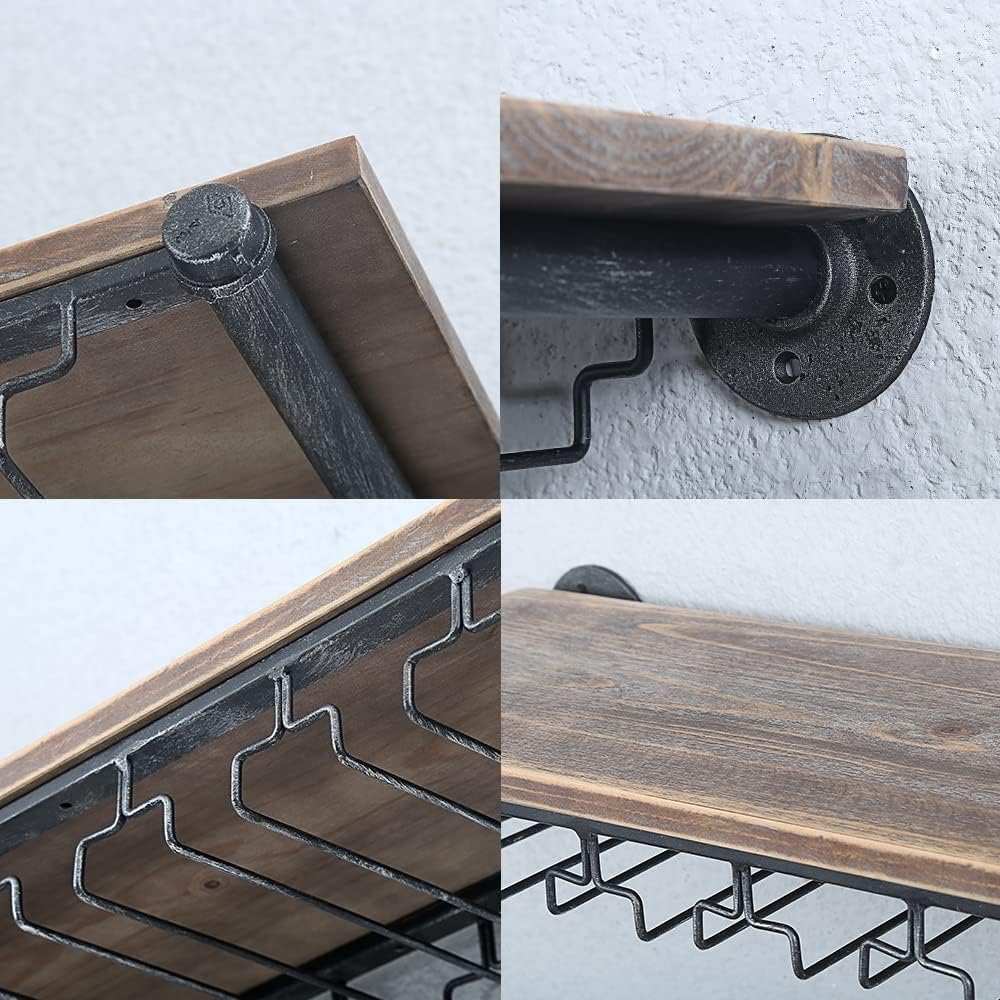 Industrial Wine Rack Wall Mounted with 5 Glass Holder,Wine Glass Rack Floating Wine Glass Shelf,36in Pipe Shelving Hanging Wood Shelves