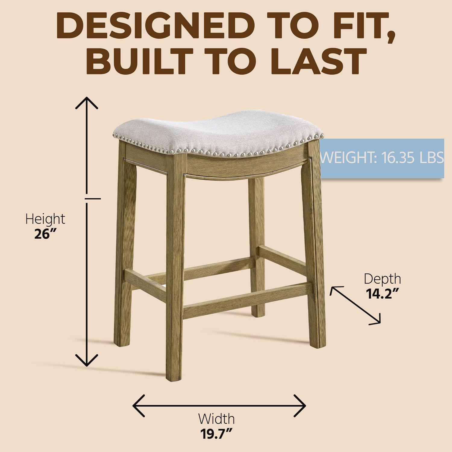 ROME + OAK Parker 26 Inch Counter Stool, Backless Saddle Kitchen Barstool in Natural Wood Finish with Wheat Cream Fabric Upholstery Cushion Seat