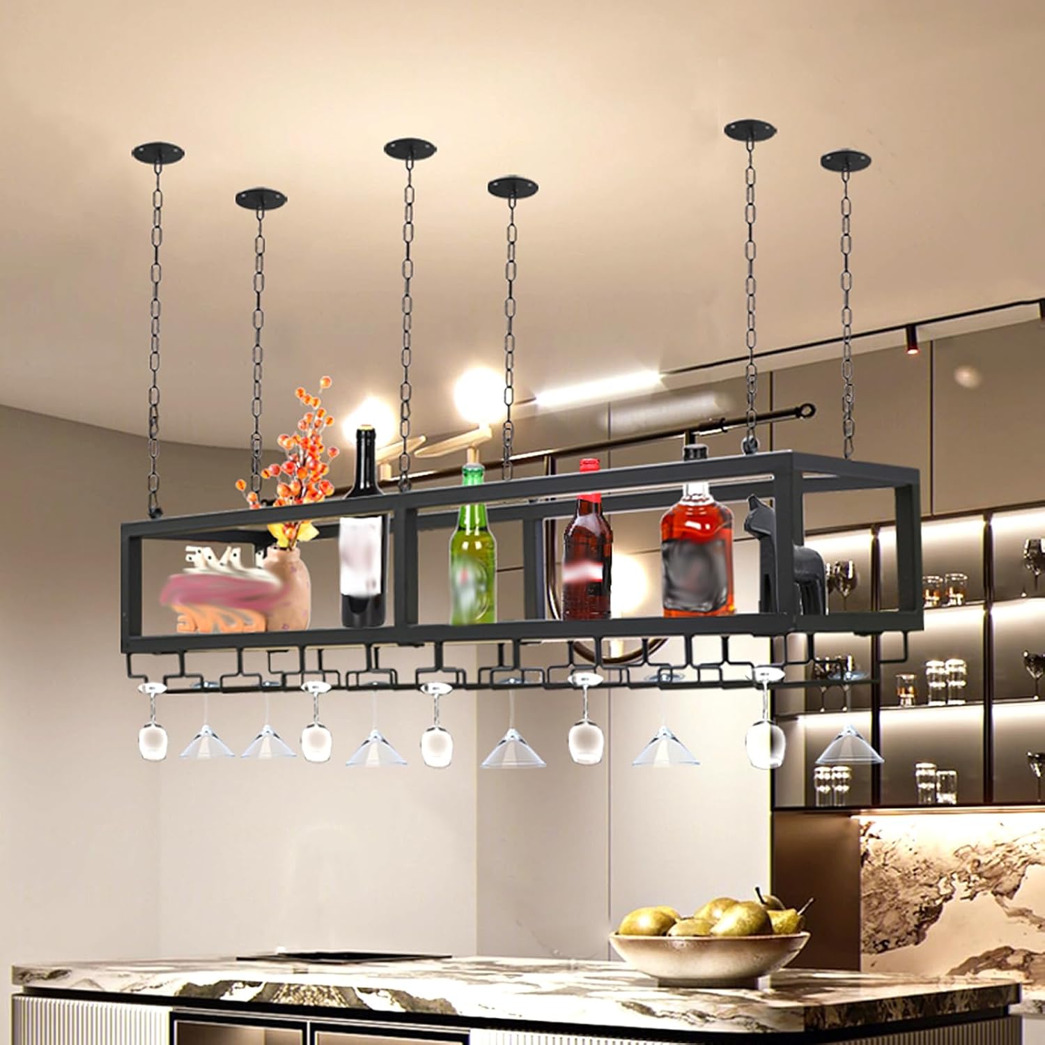 Ceiling Wine Glass Rack - Hanging Wine Rack with Glass Holder and Shelf, Height Adjustable Industrial Hanging Wine Bottle Holder, Black Metal Ceiling Shelf for Bar Cafe Kitchen (31.4×9.8×8.6in)