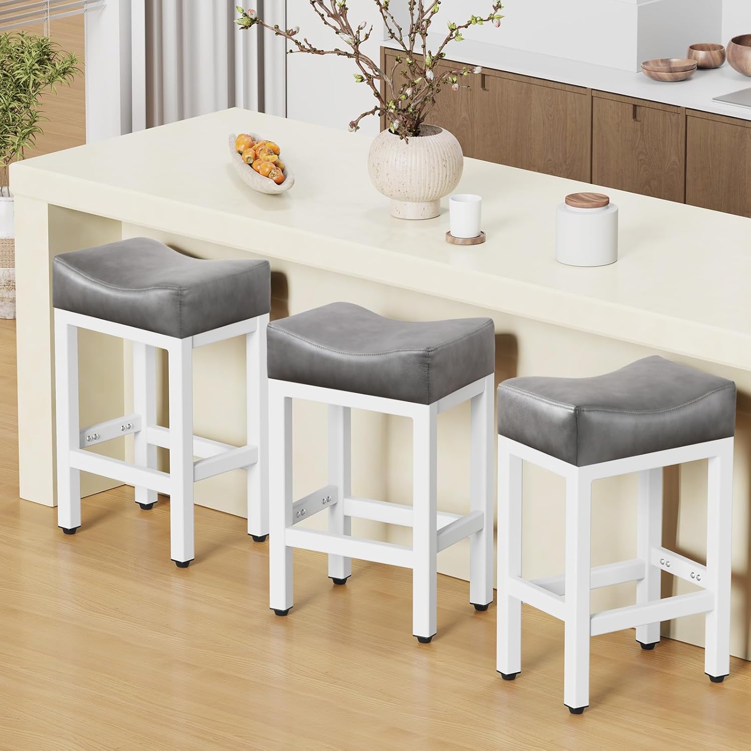 Counter Height Bar Stools Set of 2, 24 Inch Barstools for Kitchen Island Counter, Bonded Leather Kitchen Stools with Thick Saddle Seats & Heavy Duty Metal Base, Easy Assembly, All Black