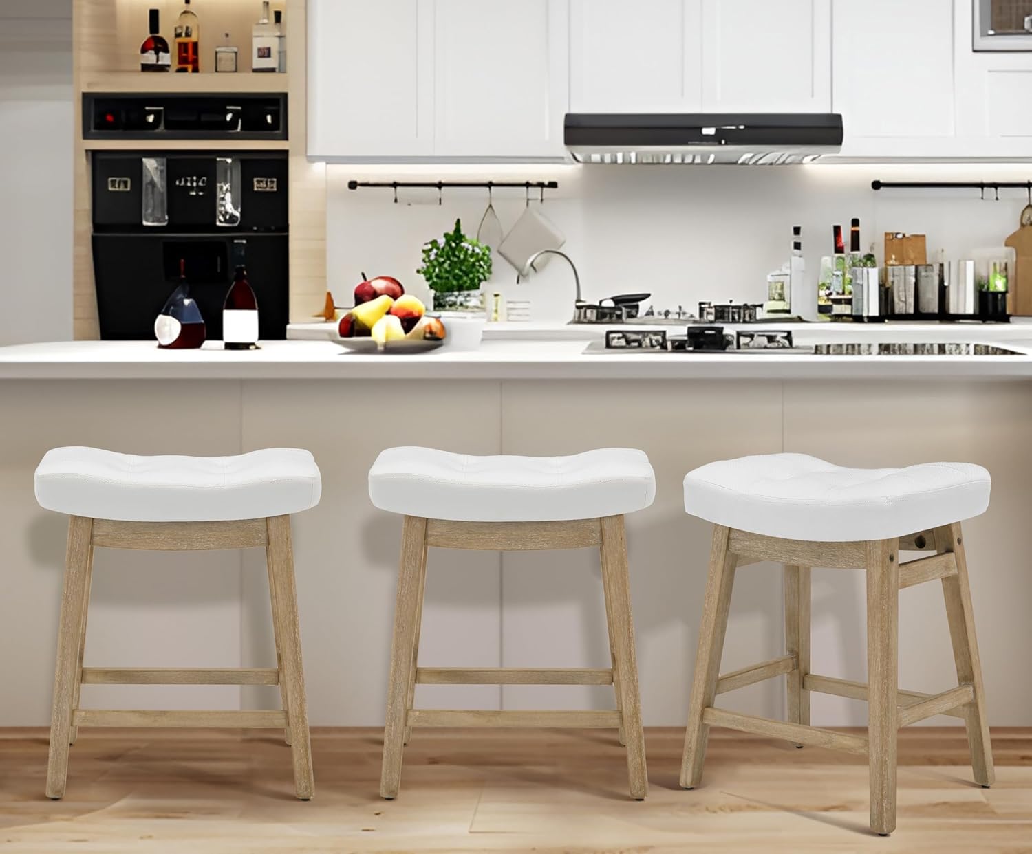 Counter Height Bar Stools Set of 3 for Kitchen Counter Farmhouse Modern Barstools with Upholstered Fabric Backless Seat and Solid Wood Legs 24 inch Bar Chairs, Khaki + Wood Color