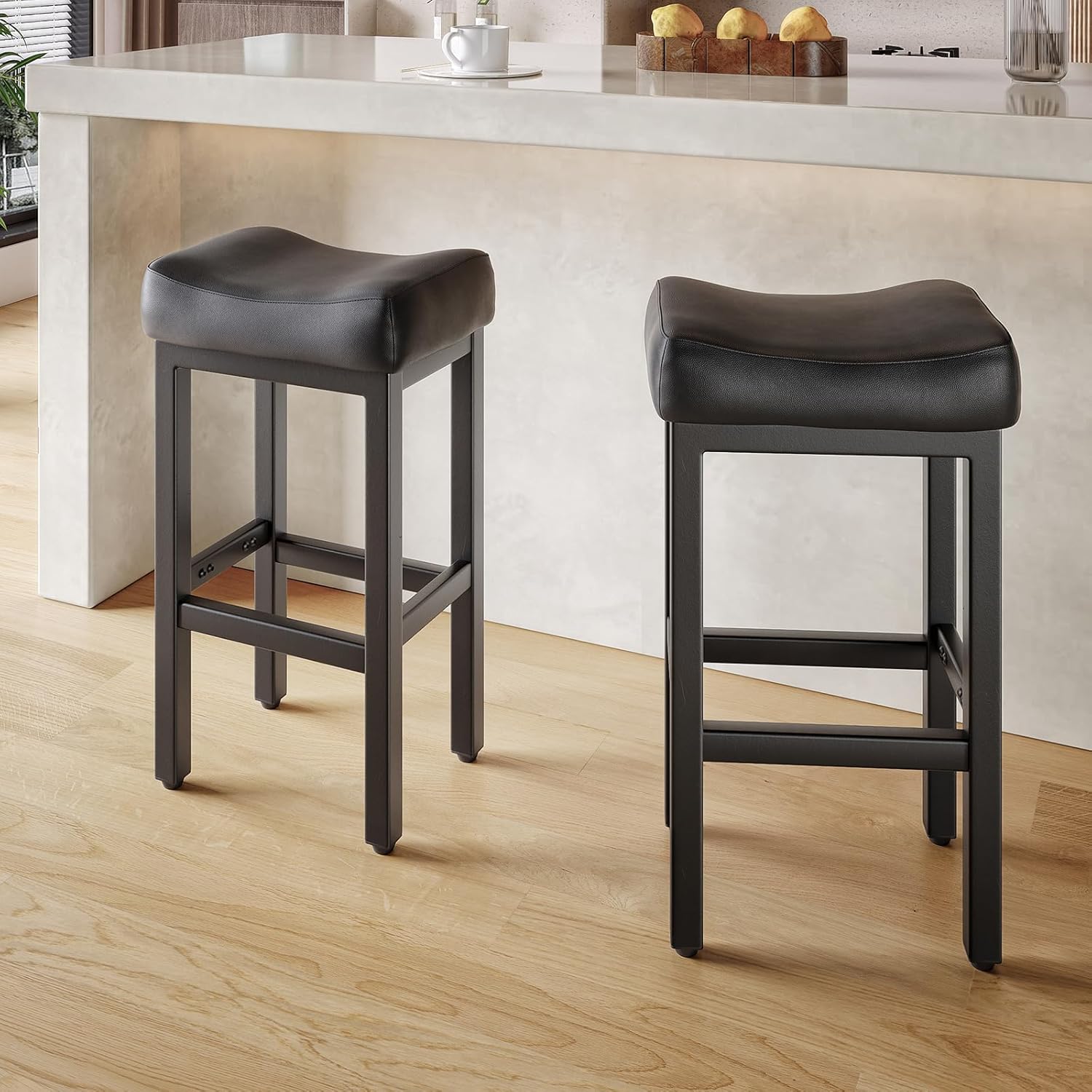 Counter Height Bar Stools Set of 2, 24 Inch Barstools for Kitchen Island Counter, Bonded Leather Kitchen Stools with Thick Saddle Seats & Heavy Duty Metal Base, Easy Assembly, All Black