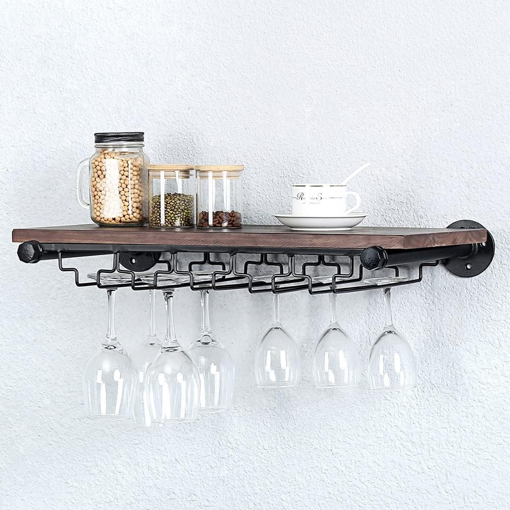 Industrial Wine Rack Wall Mounted with 5 Glass Holder,Wine Glass Rack Floating Wine Glass Shelf,36in Pipe Shelving Hanging Wood Shelves