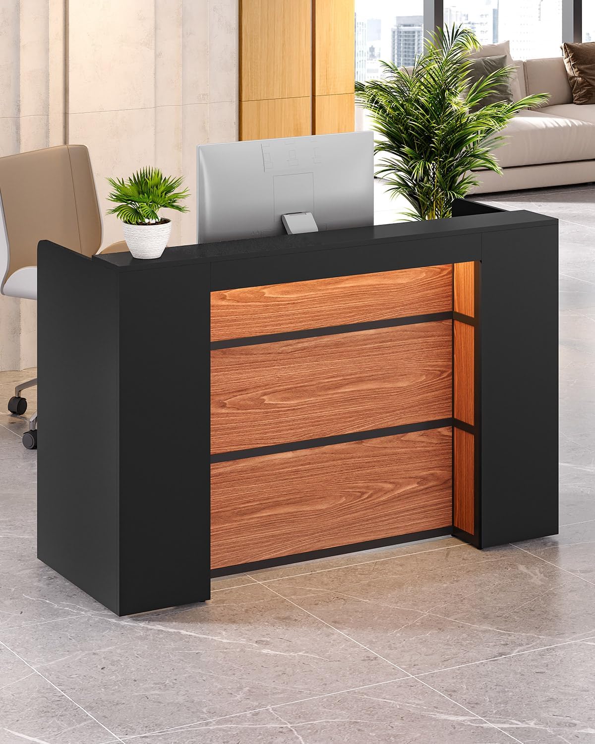 LITTLE TREE 63 Inches Reception Desk, Modern Reception Table with LED Light, Front Counter Desk, Wooden Checkout Counter for Lobbies, Salons, Retail, Home Offices, Reception Room, Black & Brown