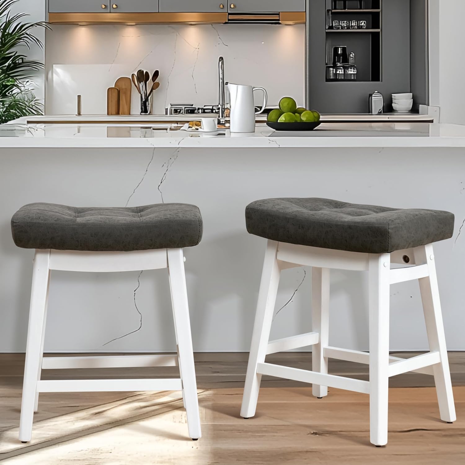 Counter Height Bar Stools Set of 3 for Kitchen Counter Farmhouse Modern Barstools with Upholstered Fabric Backless Seat and Solid Wood Legs 24 inch Bar Chairs, Khaki + Wood Color