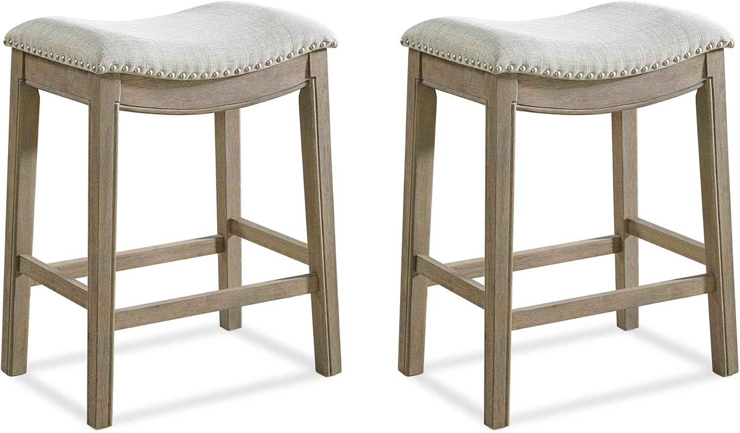 ROME + OAK Parker 26 Inch Counter Stool, Backless Saddle Kitchen Barstool in Natural Wood Finish with Wheat Cream Fabric Upholstery Cushion Seat