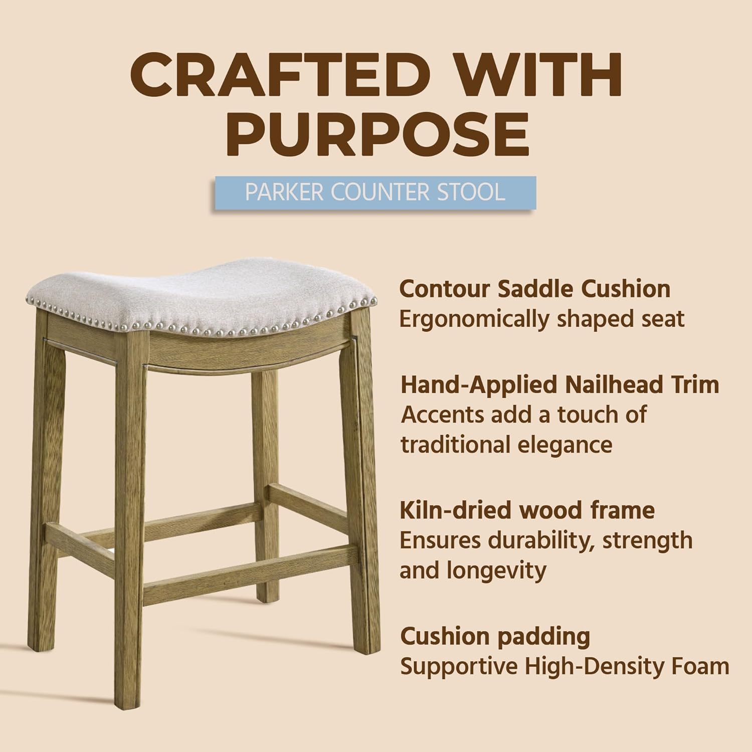 ROME + OAK Parker 26 Inch Counter Stool, Backless Saddle Kitchen Barstool in Natural Wood Finish with Wheat Cream Fabric Upholstery Cushion Seat