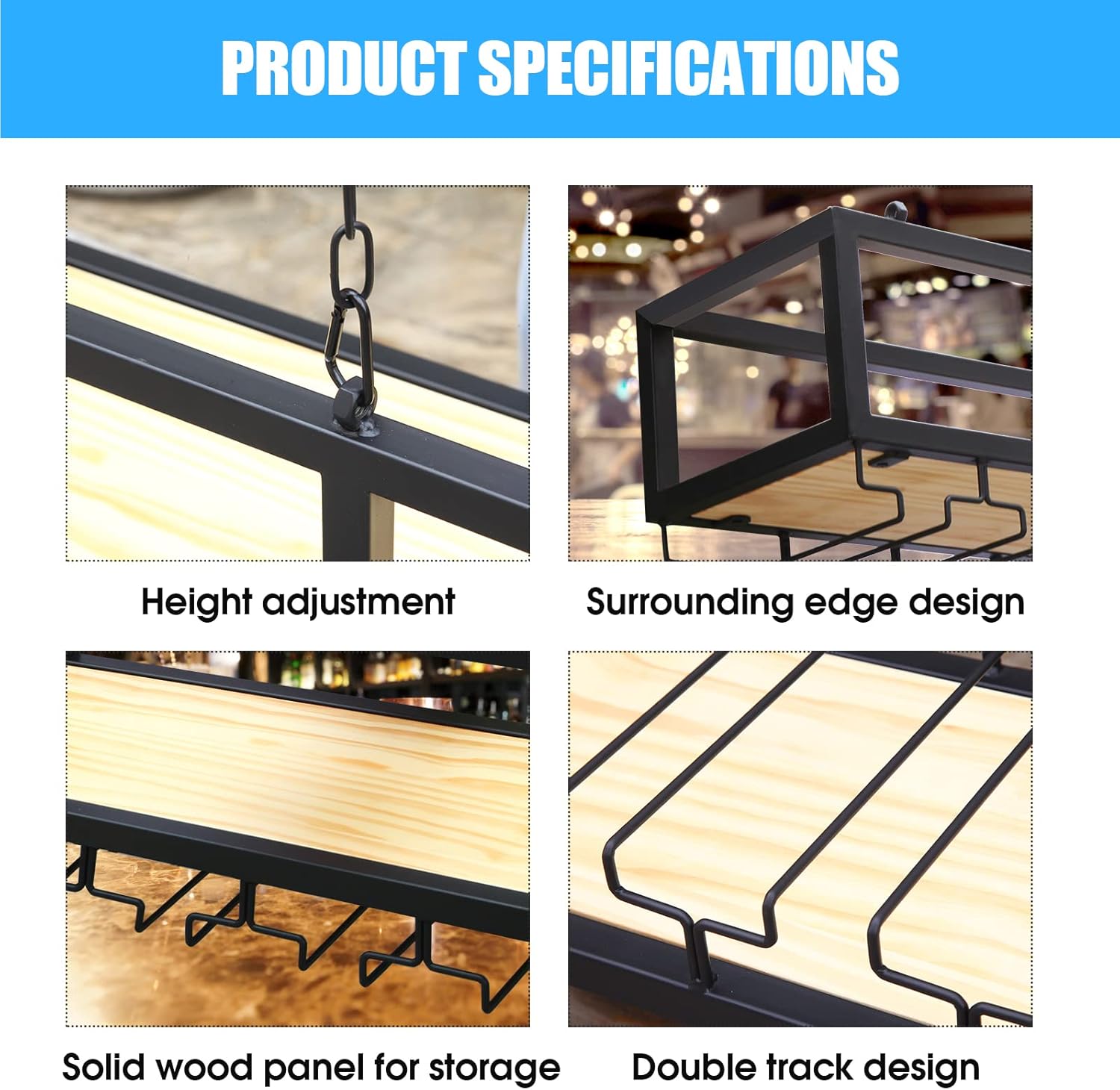 Ceiling Wine Glass Rack - Hanging Wine Rack with Glass Holder and Shelf, Height Adjustable Industrial Hanging Wine Bottle Holder, Black Metal Ceiling Shelf for Bar Cafe Kitchen (31.4×9.8×8.6in)