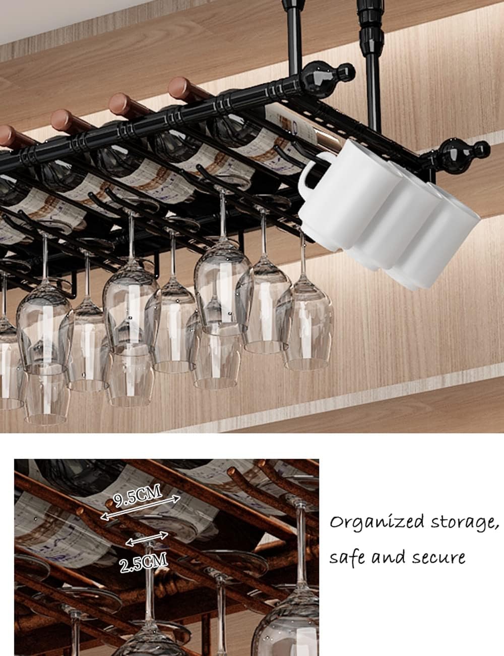 Hanging Wine Rack with Glass Holder and Shelf,Adjustable Metal Ceiling Bar Wine Glass Rack,2 in 1Industrial Wall Mounted Wine and Glass Rack,47.3” Bottle Holder Wine Shelf