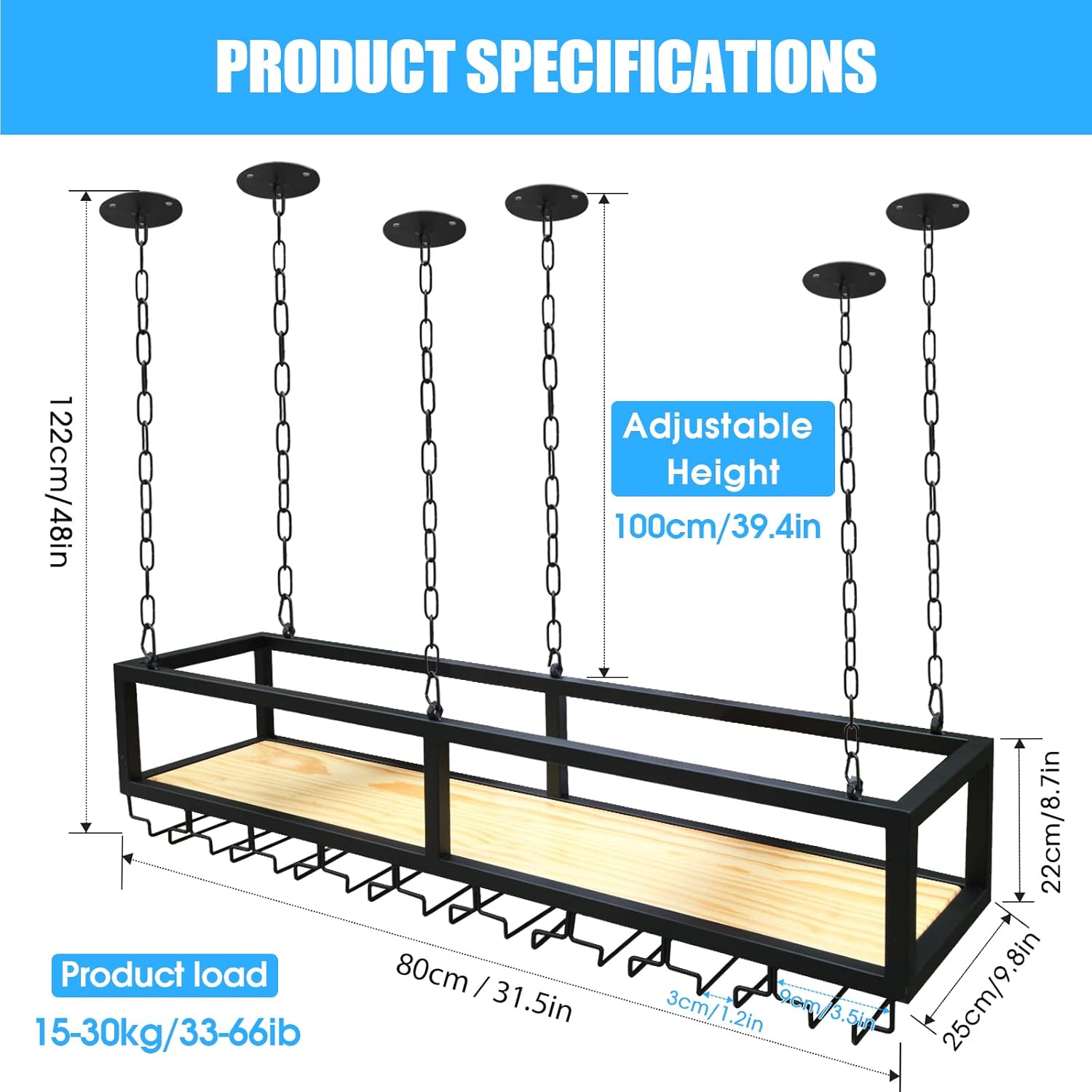 Ceiling Wine Glass Rack - Hanging Wine Rack with Glass Holder and Shelf, Height Adjustable Industrial Hanging Wine Bottle Holder, Black Metal Ceiling Shelf for Bar Cafe Kitchen (31.4×9.8×8.6in)