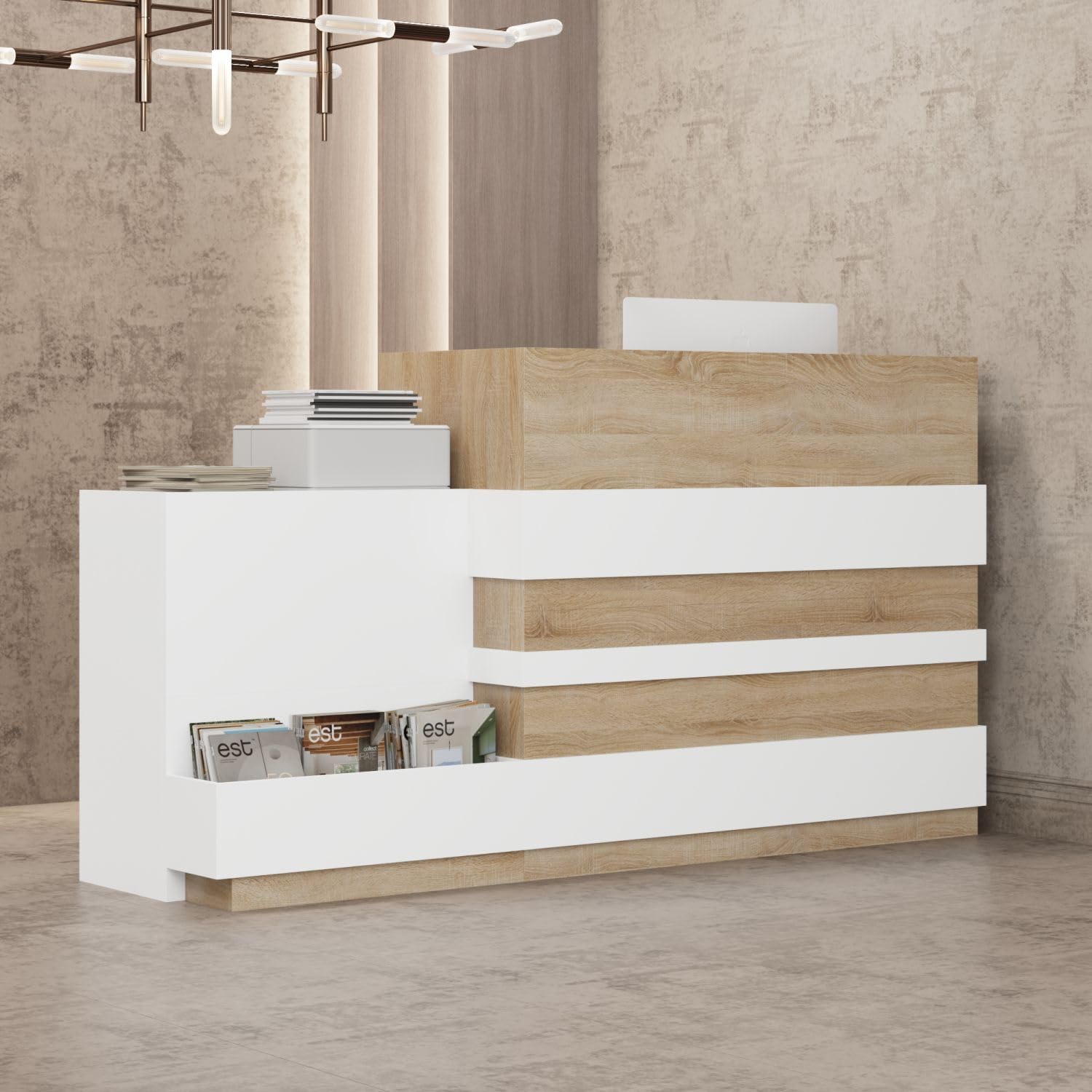 FAMAPY Reception Desk with Shelves, Modern Reception Table with Storage, Front Counter Checkout Table Retail Counter for Lobby Shop, White and Grey, 23.6”D x 86.6”W x 43.3”H