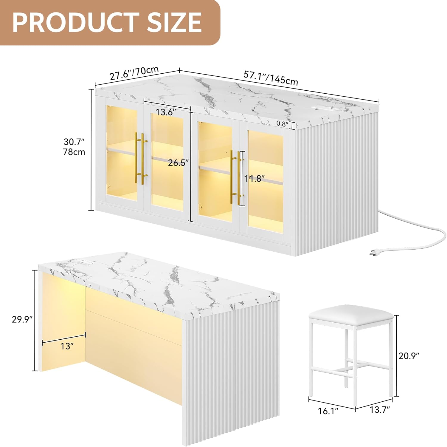 Kitchen Island with Storage, 57" W Large Island Table with Seating/LED Light for Dining Room, Kitchen Carts on Wheels Breakfast Bar Table w/Power Outlet, White