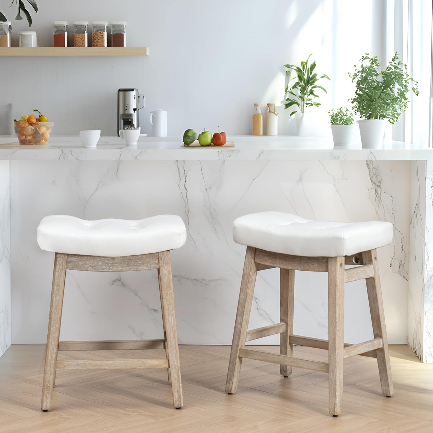 Counter Height Bar Stools Set of 3 for Kitchen Counter Farmhouse Modern Barstools with Upholstered Fabric Backless Seat and Solid Wood Legs 24 inch Bar Chairs, Khaki + Wood Color