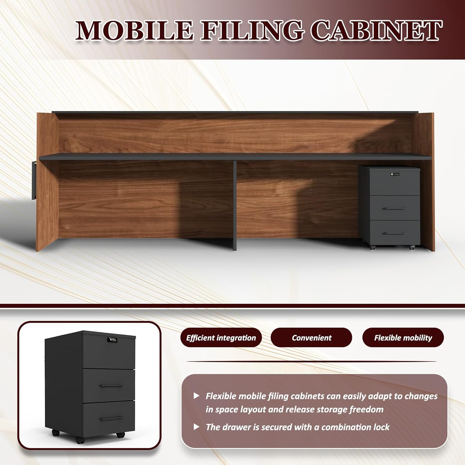 78" Modern Reception Desk with LED Lights & Mobile File Cabinet – Black Brown Office Front Desk Reception Counter with Drawers & Lock (Black & Brown, 78 * 24 * 43IN)