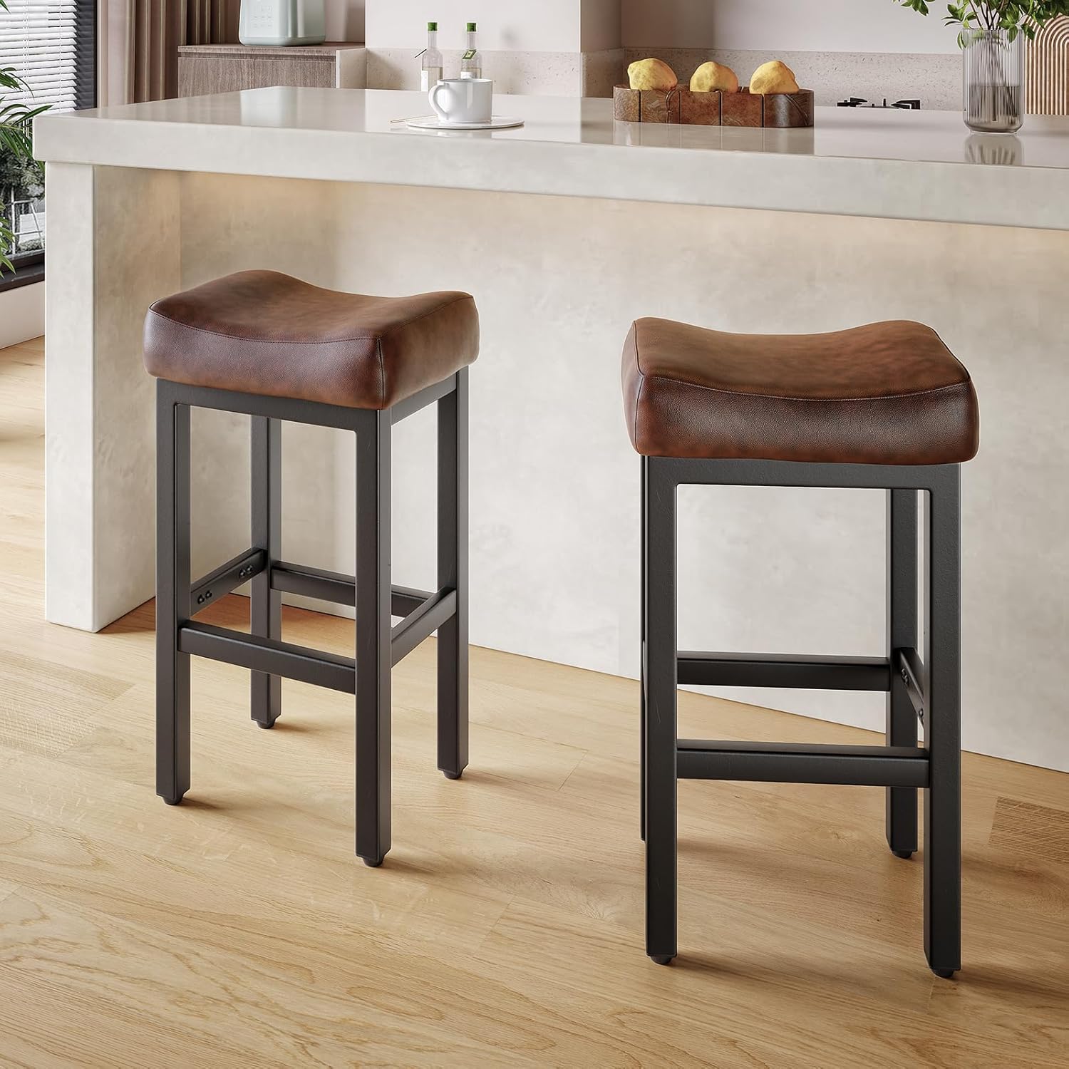 Counter Height Bar Stools Set of 2, 24 Inch Barstools for Kitchen Island Counter, Bonded Leather Kitchen Stools with Thick Saddle Seats & Heavy Duty Metal Base, Easy Assembly, All Black