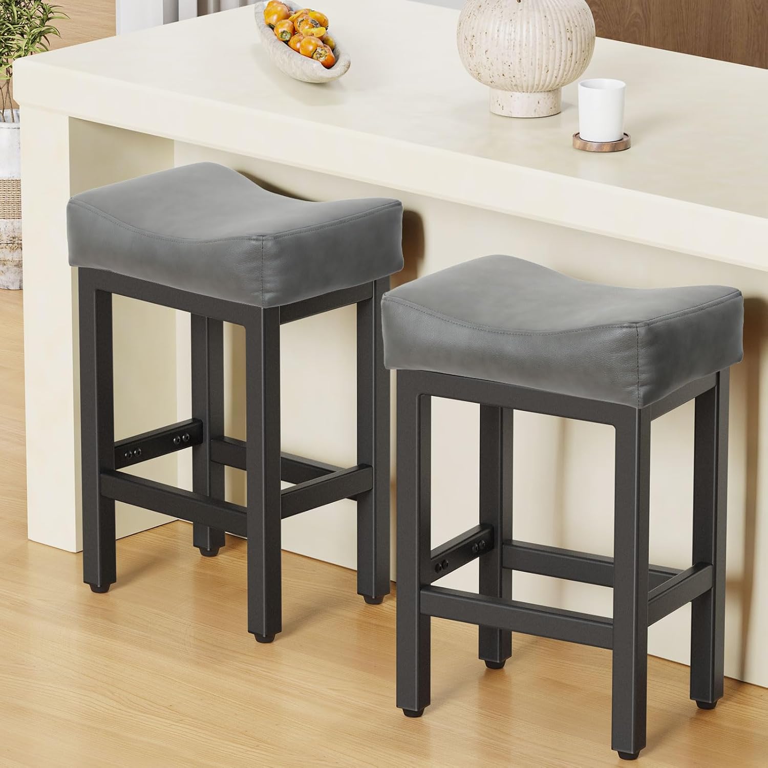 Counter Height Bar Stools Set of 2, 24 Inch Barstools for Kitchen Island Counter, Bonded Leather Kitchen Stools with Thick Saddle Seats & Heavy Duty Metal Base, Easy Assembly, All Black
