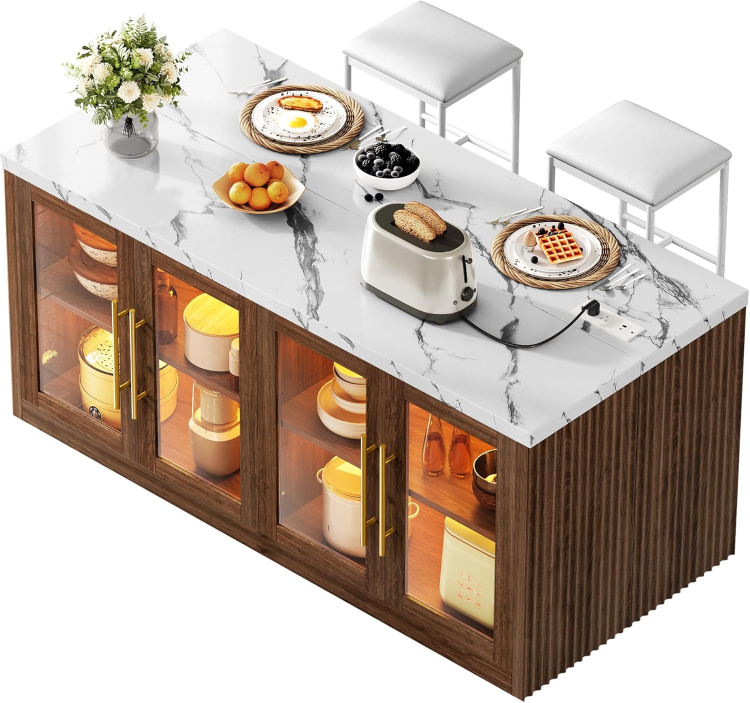 Kitchen Island with Storage, 57" W Large Island Table with Seating/LED Light for Dining Room, Kitchen Carts on Wheels Breakfast Bar Table w/Power Outlet, White