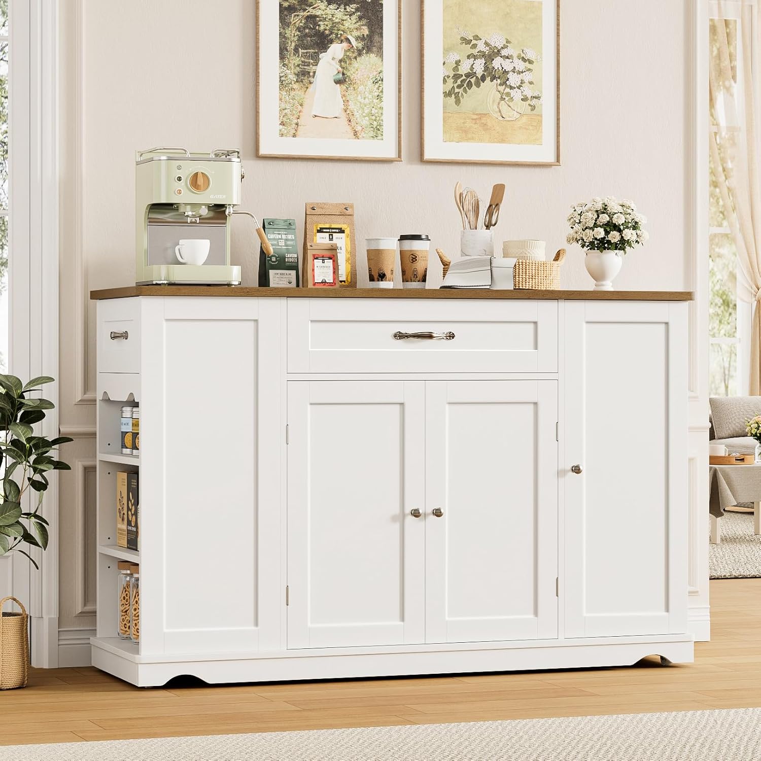 HOSTACK Kitchen Island Cart with Storage, 47'' Kitchen Storage Island on Wheels with 2 Drawers, Rolling Island Table with Adjustable Shelves, Mobile Buffet Sideboard Cabinet for Dining Room, White